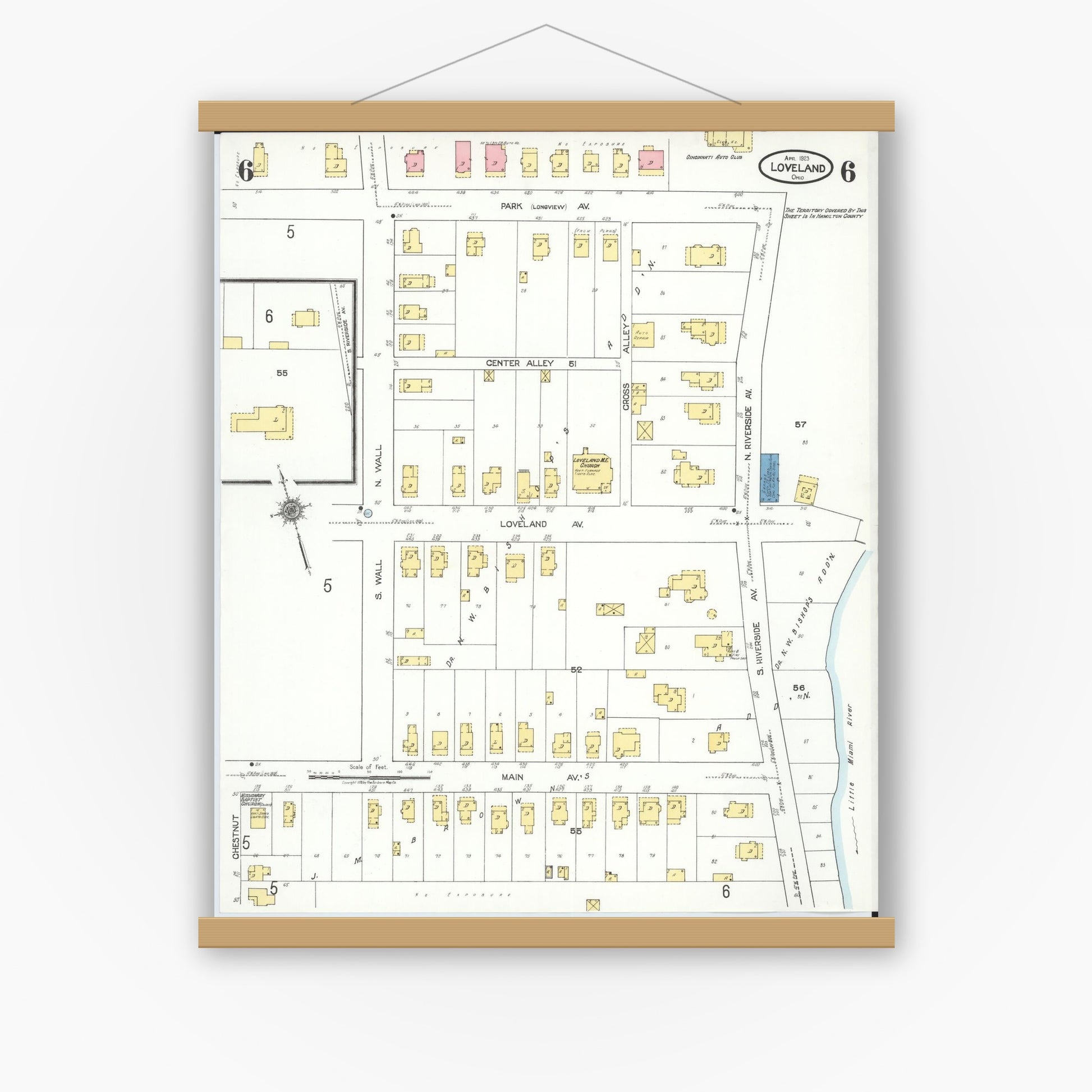 Old map wall art mockup — magnetic wood frame on white wall — Sanborn Fire Insurance Map from Loveland, Clermont, Hamilton, And Warren County, Ohio (1923), Sheet #0006