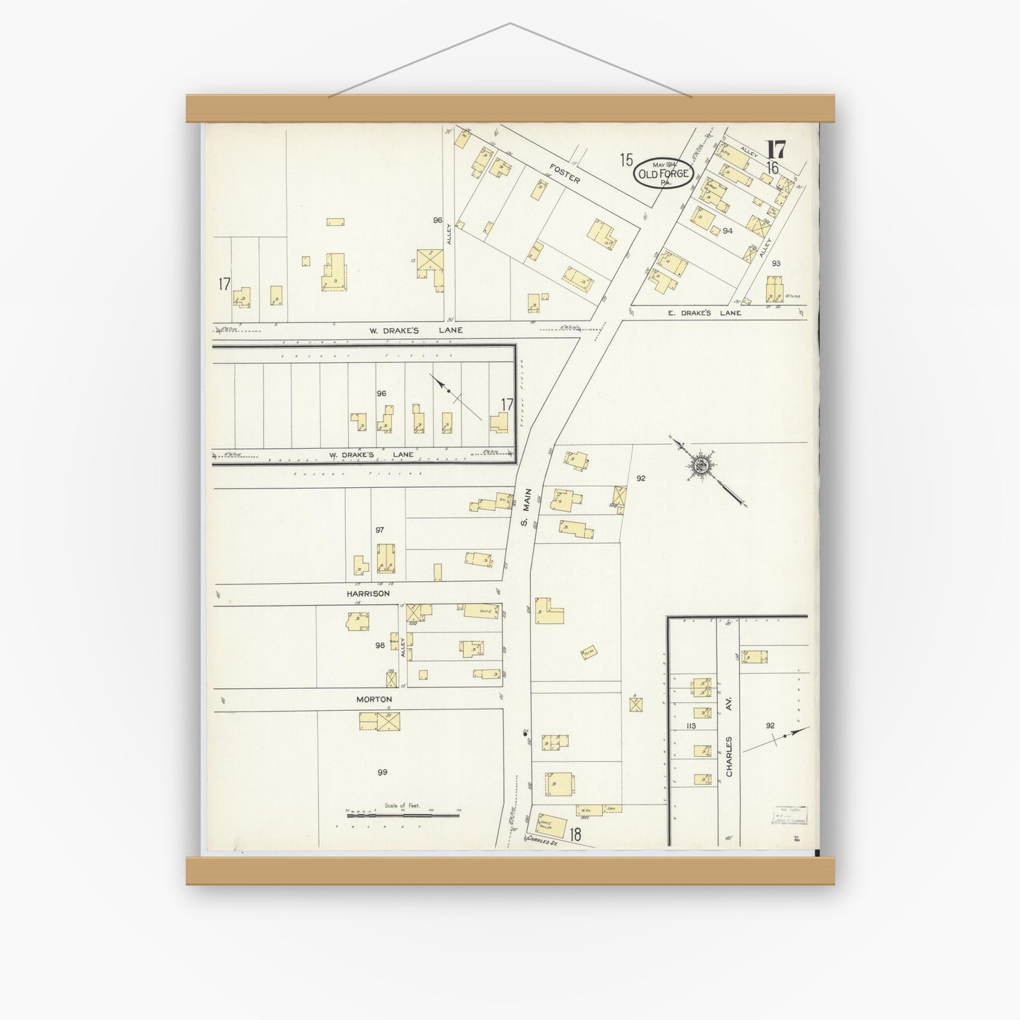 Old map wall art mockup — magnetic wood frame on white wall — Sanborn Fire Insurance Map from Old Forge, Lackawanna County, Pennsylvania (1914), Sheet #0017