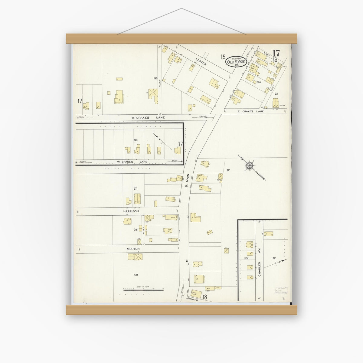 Old map wall art mockup — magnetic wood frame on white wall — Sanborn Fire Insurance Map from Old Forge, Lackawanna County, Pennsylvania (1914), Sheet #0017