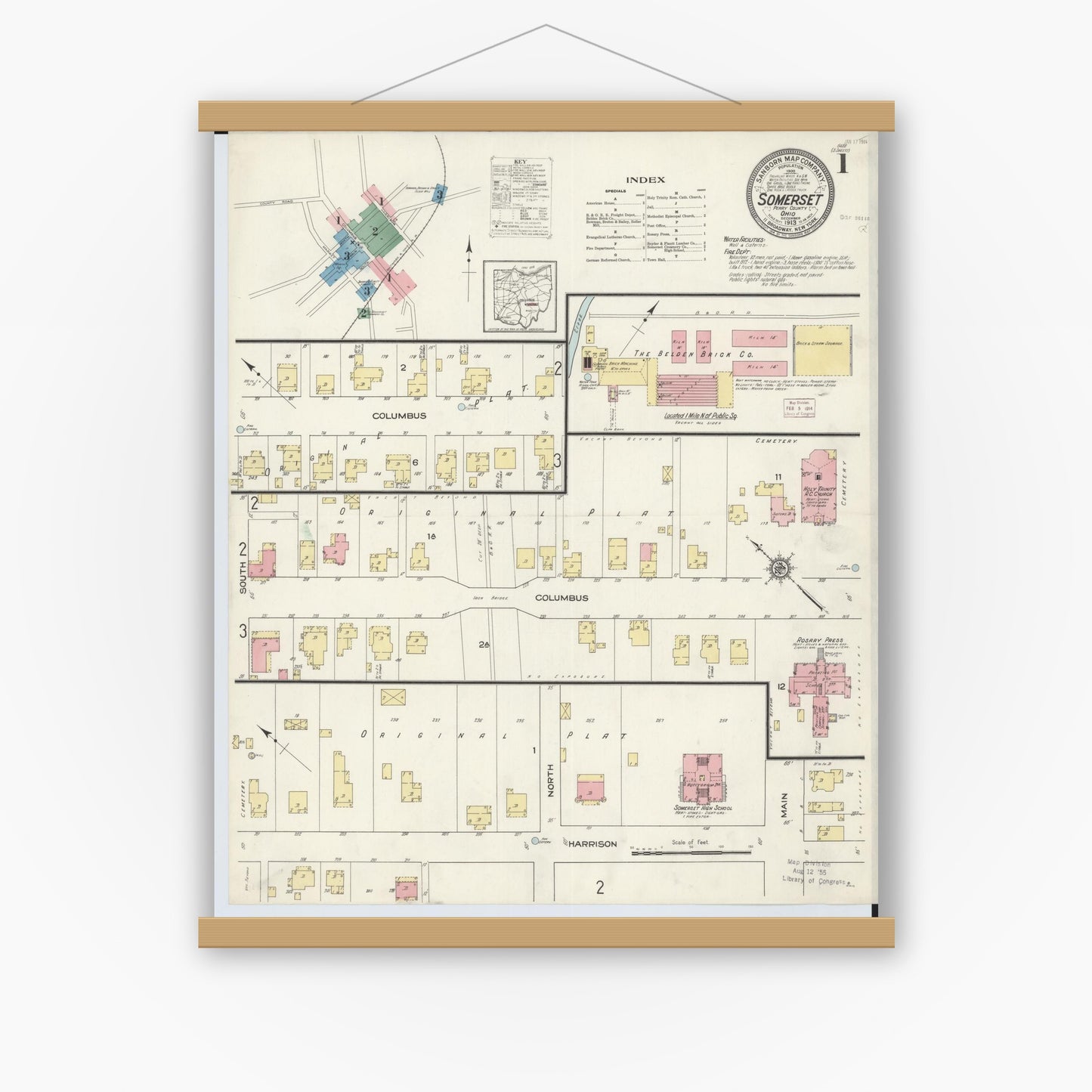 Old map wall art mockup — magnetic wood frame on white wall — Sanborn Fire Insurance Map from Somerset, Perry County, Ohio (1913), Sheet #0001