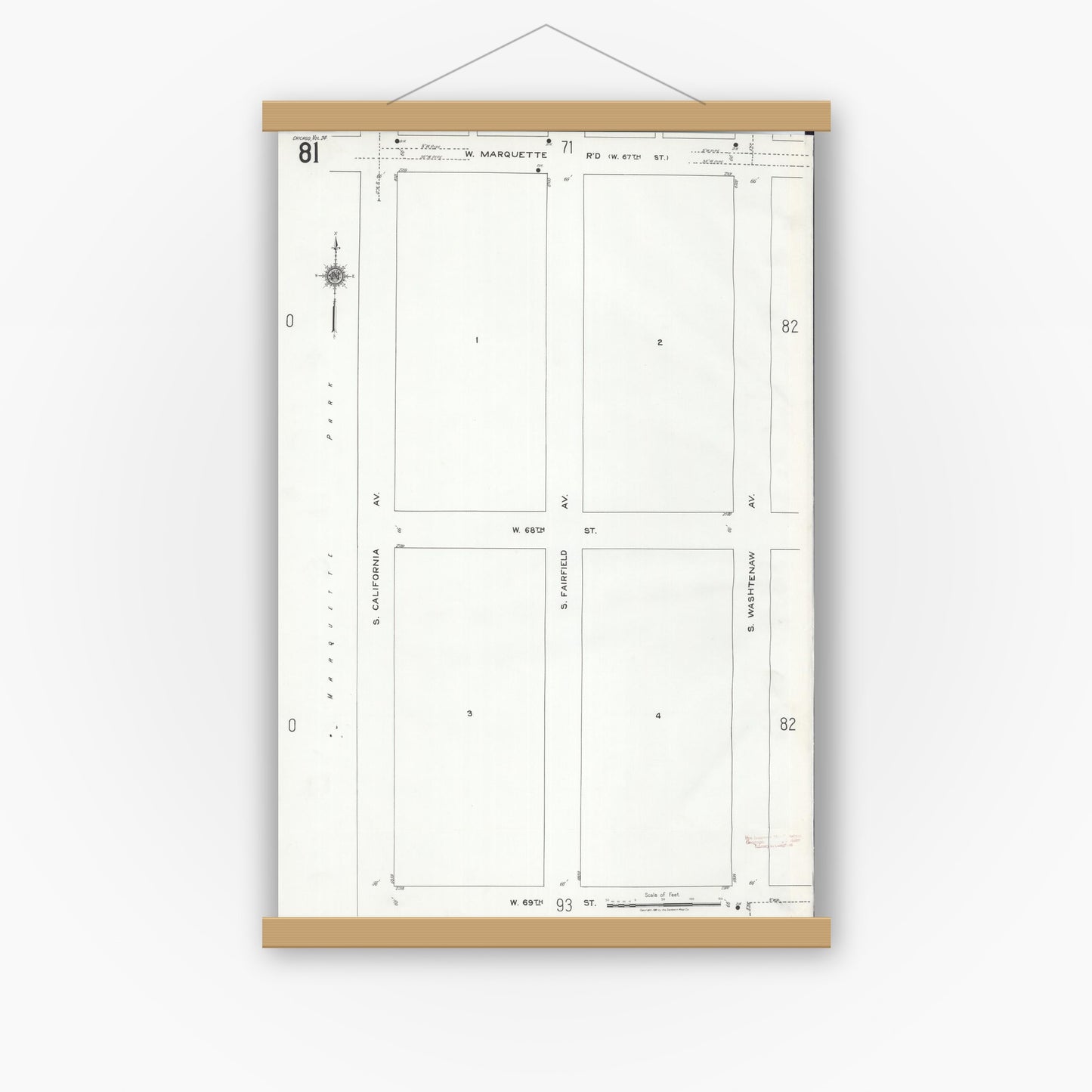Old map wall art mockup — magnetic wood frame on white wall — Sanborn Fire Insurance Map from Chicago, Cook County, Illinois (1920), Sheet #0081