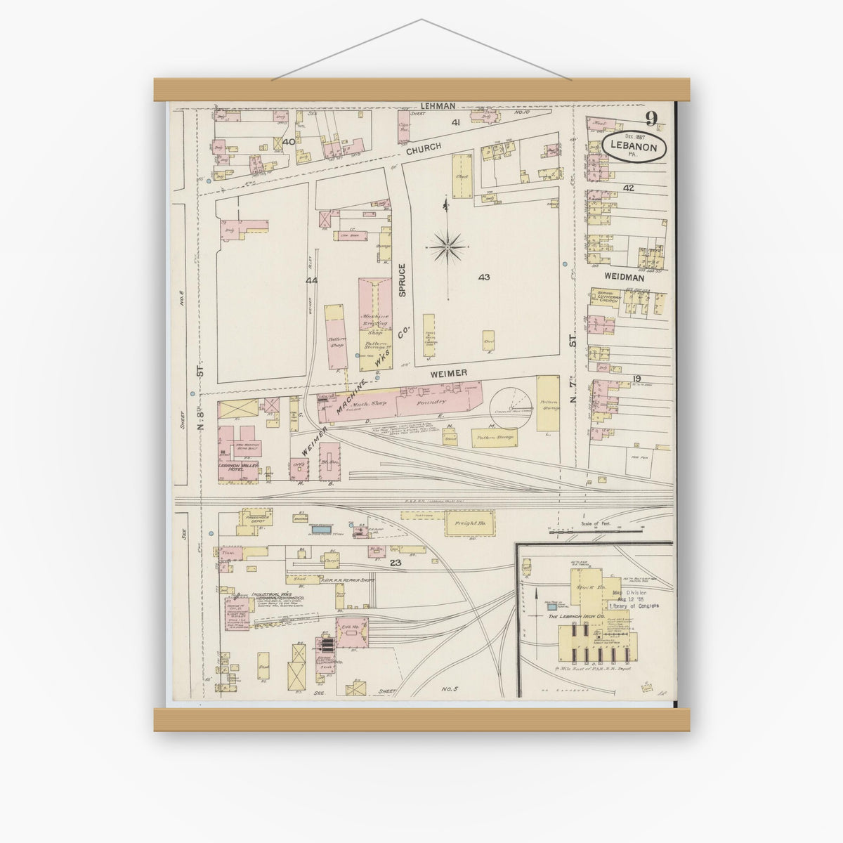 Old map wall art mockup — magnetic wood frame on white wall — Sanborn Fire Insurance Map from Lebanon, Lebanon County, Pennsylvania (1887), Sheet #0009