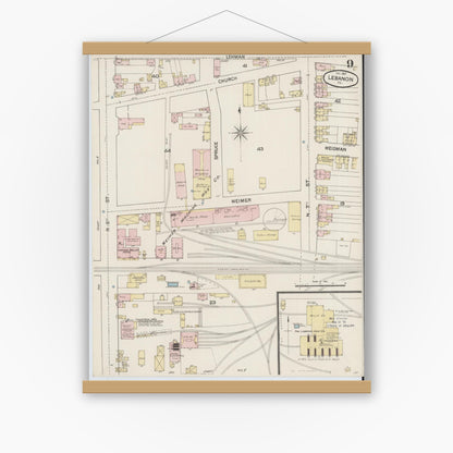 Old map wall art mockup — magnetic wood frame on white wall — Sanborn Fire Insurance Map from Lebanon, Lebanon County, Pennsylvania (1887), Sheet #0009