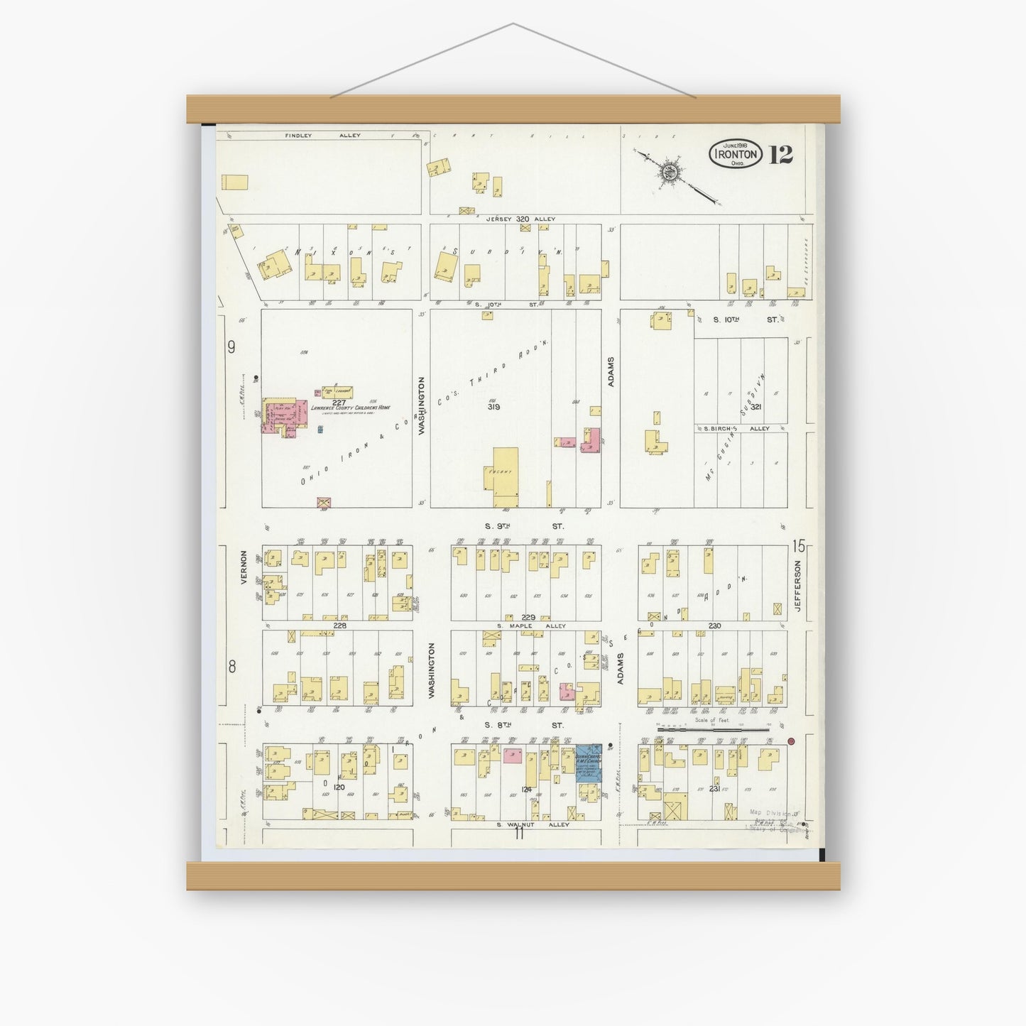Old map wall art mockup — magnetic wood frame on white wall — Sanborn Fire Insurance Map from Ironton, Lawrence County, Ohio (1916), Sheet #0012