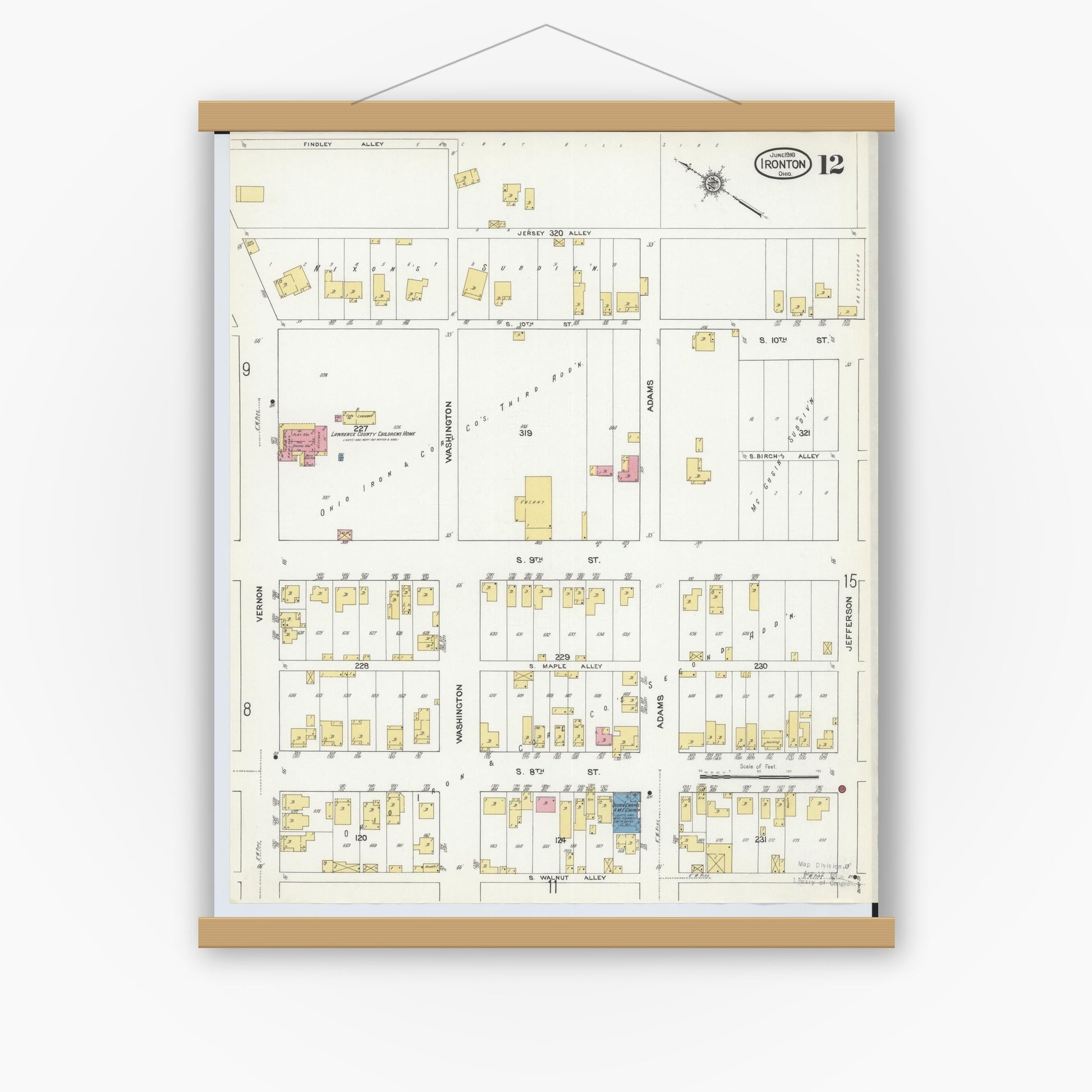 Old map wall art mockup — magnetic wood frame on white wall — Sanborn Fire Insurance Map from Ironton, Lawrence County, Ohio (1916), Sheet #0012