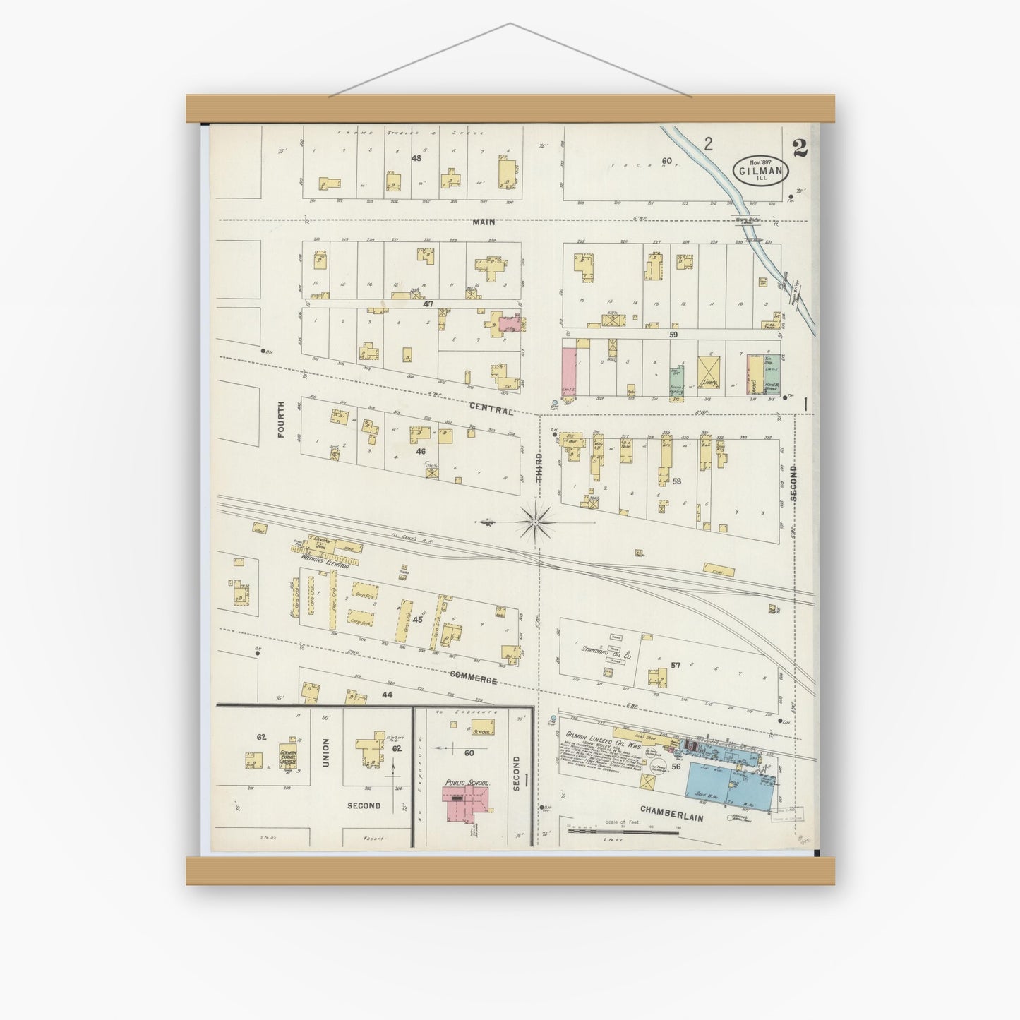 Old map wall art mockup — magnetic wood frame on white wall — Sanborn Fire Insurance Map from Gilman, Iroquois County, Illinois (1897), Sheet #0002