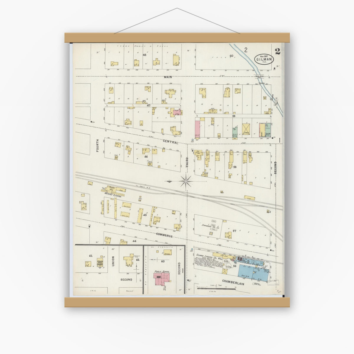 Old map wall art mockup — magnetic wood frame on white wall — Sanborn Fire Insurance Map from Gilman, Iroquois County, Illinois (1897), Sheet #0002