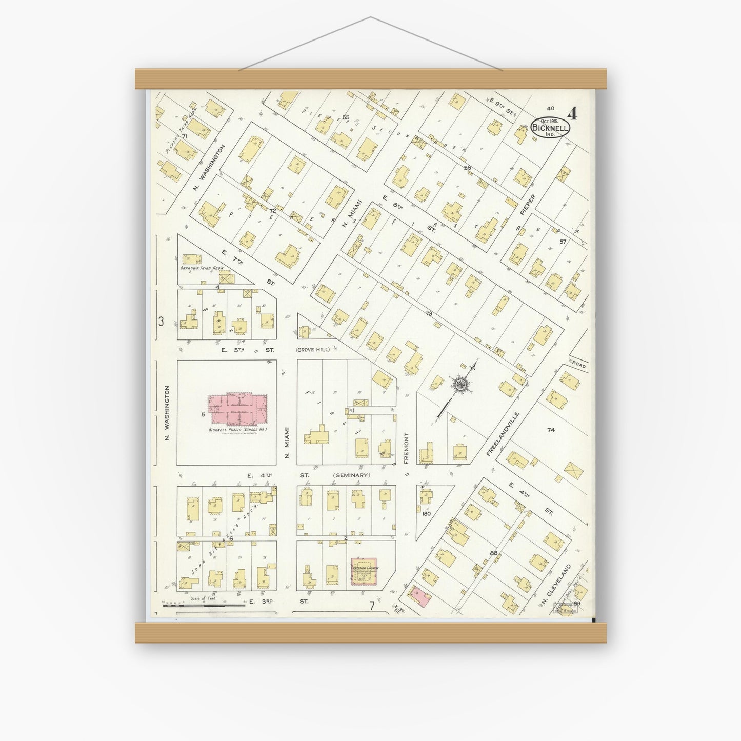Old map wall art mockup — magnetic wood frame on white wall — Sanborn Fire Insurance Map from Bicknell, Knox County, Indiana (1915), Sheet #0004