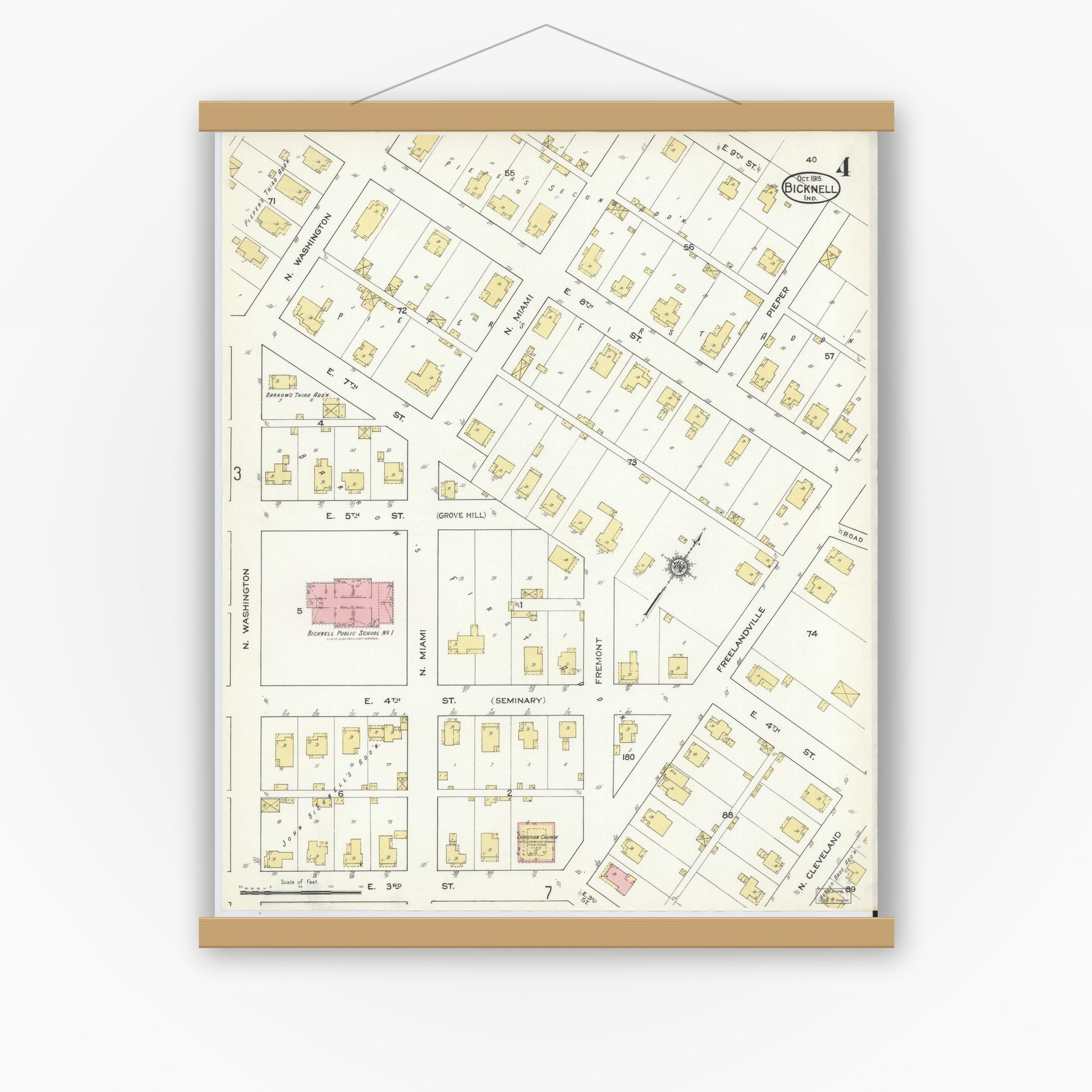 Old map wall art mockup — magnetic wood frame on white wall — Sanborn Fire Insurance Map from Bicknell, Knox County, Indiana (1915), Sheet #0004