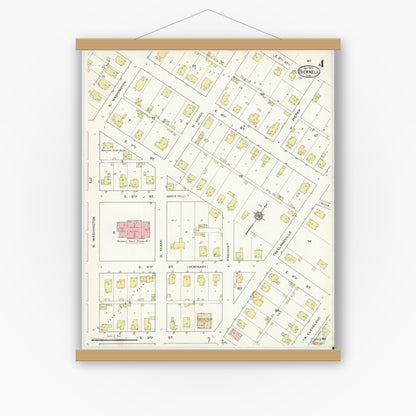 Old map wall art mockup — magnetic wood frame on white wall — Sanborn Fire Insurance Map from Bicknell, Knox County, Indiana (1915), Sheet #0004