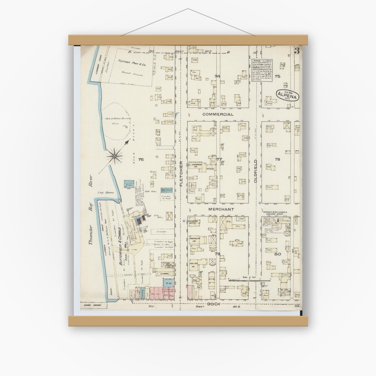 Old map wall art mockup — magnetic wood frame on white wall — Sanborn Fire Insurance Map from Alpena, Alpena County, Michigan (1884), Sheet #0003