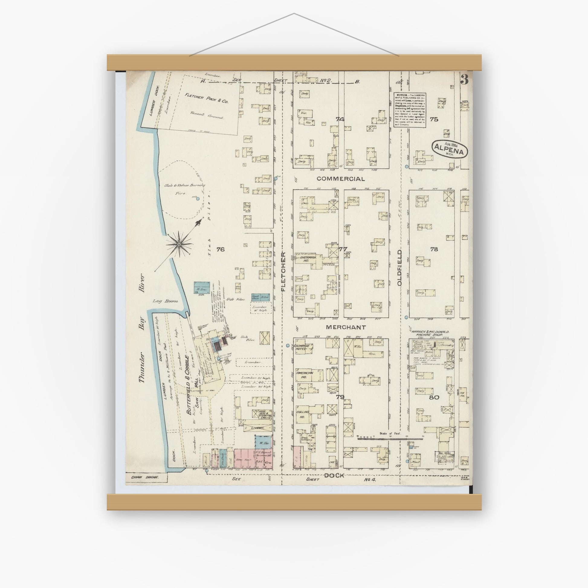 Old map wall art mockup — magnetic wood frame on white wall — Sanborn Fire Insurance Map from Alpena, Alpena County, Michigan (1884), Sheet #0003