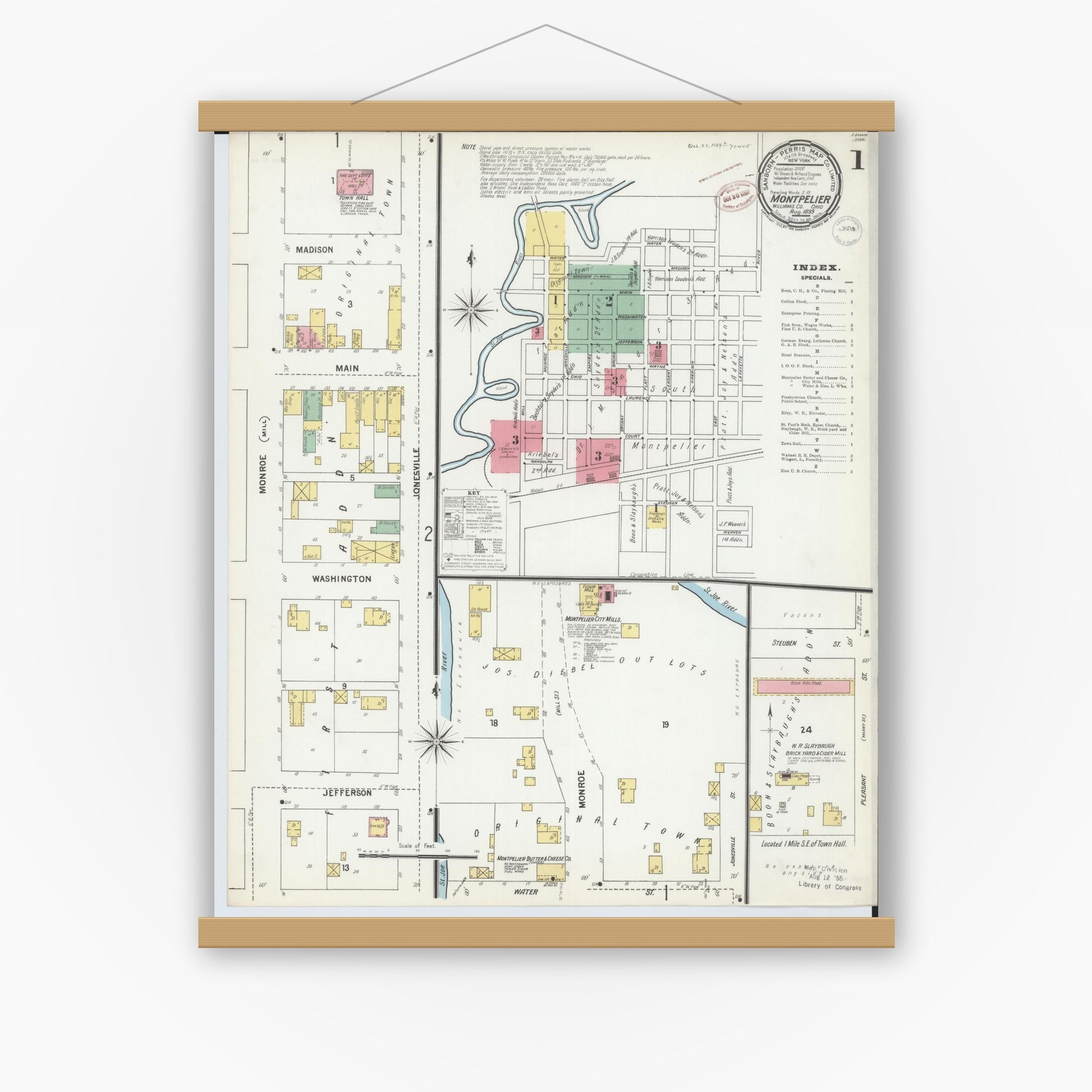 Old map wall art mockup — magnetic wood frame on white wall — Sanborn Fire Insurance Map from Montpelier, Williams County, Ohio (1899), Sheet #0001