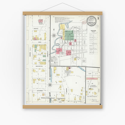 Old map wall art mockup — magnetic wood frame on white wall — Sanborn Fire Insurance Map from Montpelier, Williams County, Ohio (1899), Sheet #0001