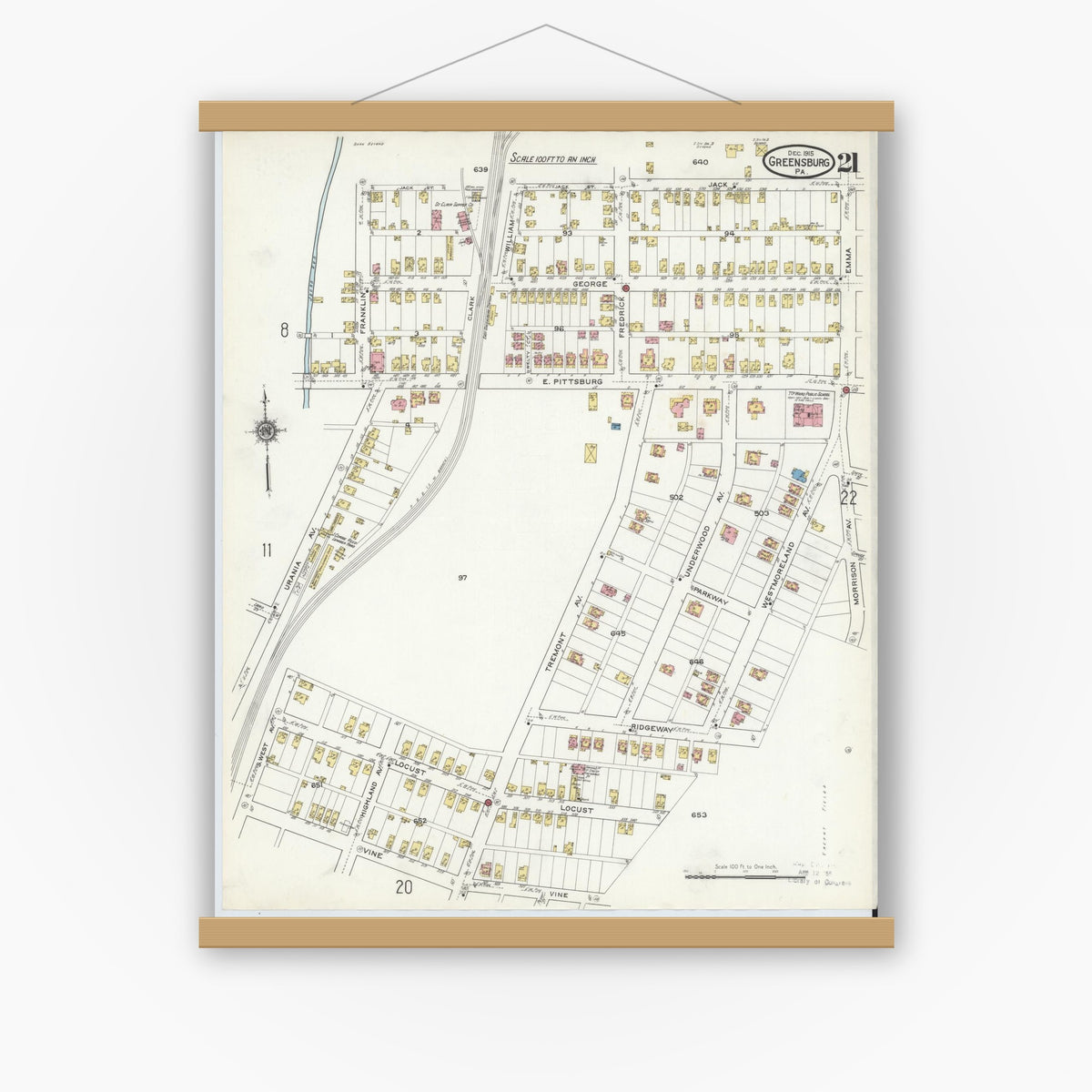 Old map wall art mockup — magnetic wood frame on white wall — Sanborn Fire Insurance Map from Greensburg, Westmoreland County, Pennsylvania (1915), Sheet #0021