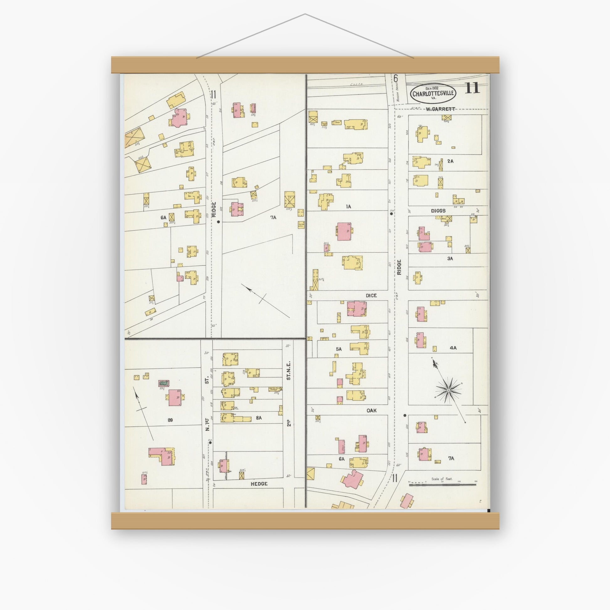 Old map wall art mockup — magnetic wood frame on white wall — Sanborn Fire Insurance Map from Charlottesville, Independent Cities, Virginia (1902), Sheet #0011