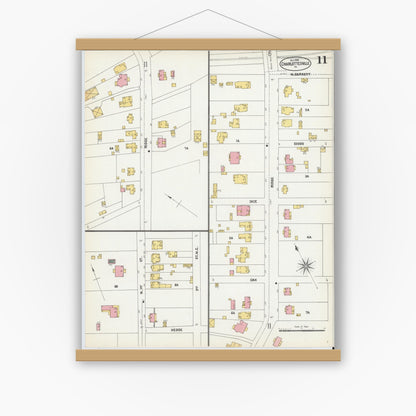 Old map wall art mockup — magnetic wood frame on white wall — Sanborn Fire Insurance Map from Charlottesville, Independent Cities, Virginia (1902), Sheet #0011