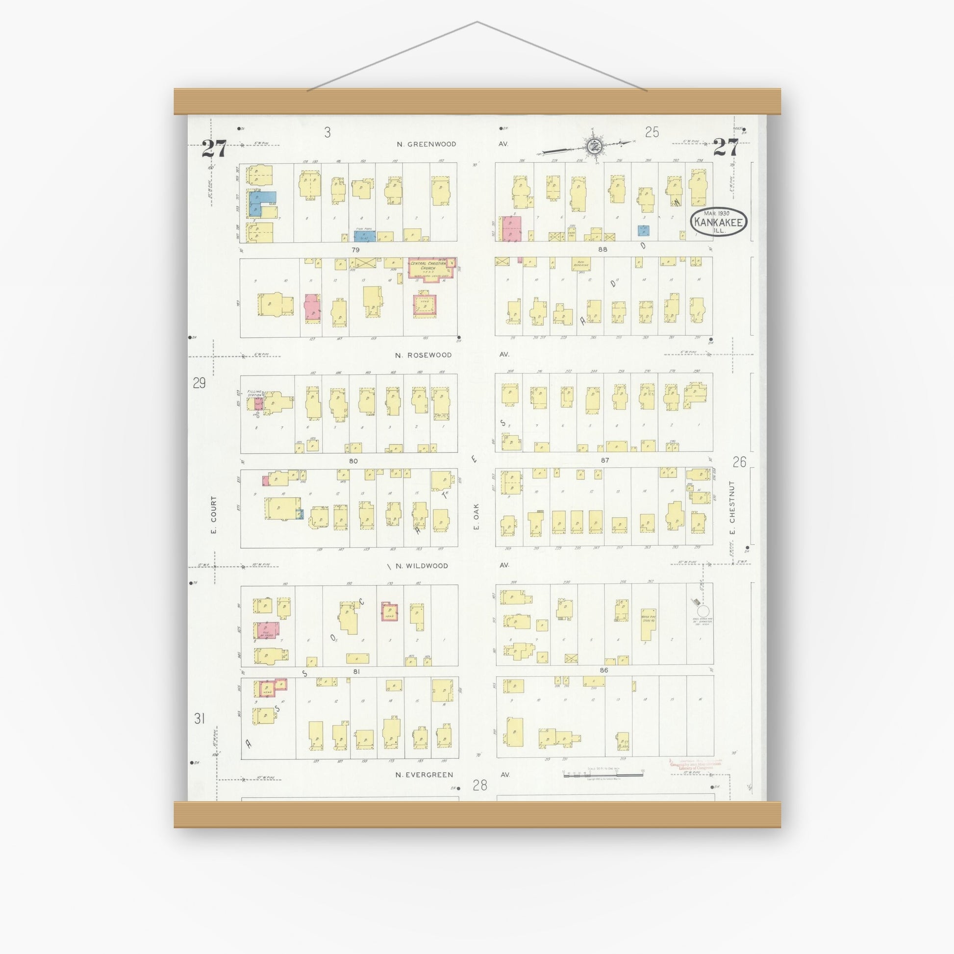Old map wall art mockup — magnetic wood frame on white wall — Sanborn Fire Insurance Map from Kankakee, Kankakee County, Illinois (1930), Sheet #0027