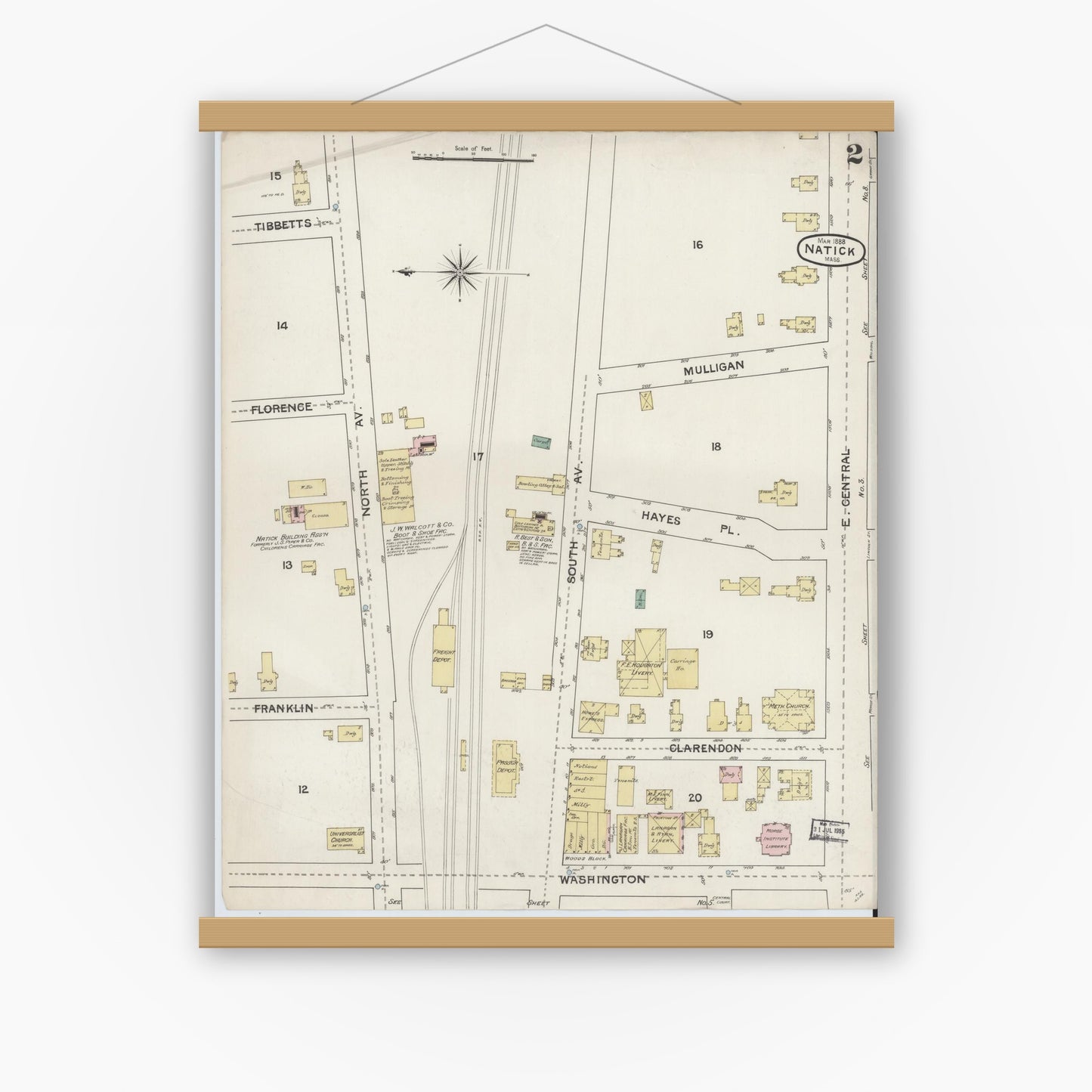 Old map wall art mockup — magnetic wood frame on white wall — Sanborn Fire Insurance Map from Natick, Middlesex County, Massachusetts (1888), Sheet #0002