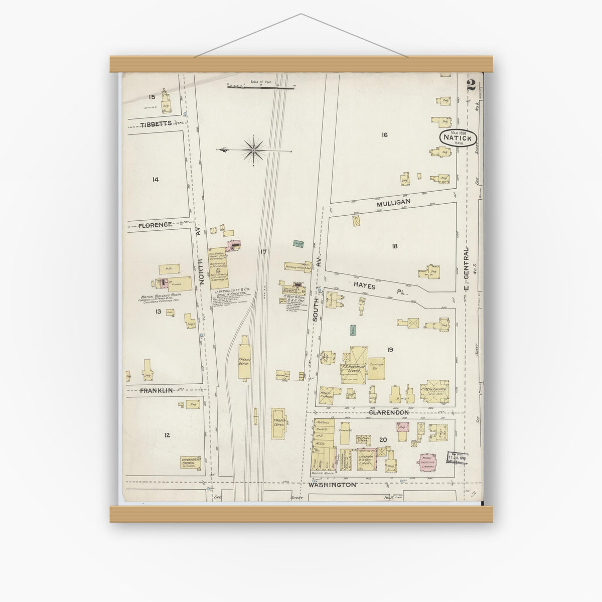 Old map wall art mockup — magnetic wood frame on white wall — Sanborn Fire Insurance Map from Natick, Middlesex County, Massachusetts (1888), Sheet #0002
