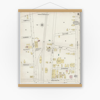 Old map wall art mockup — magnetic wood frame on white wall — Sanborn Fire Insurance Map from Natick, Middlesex County, Massachusetts (1888), Sheet #0002