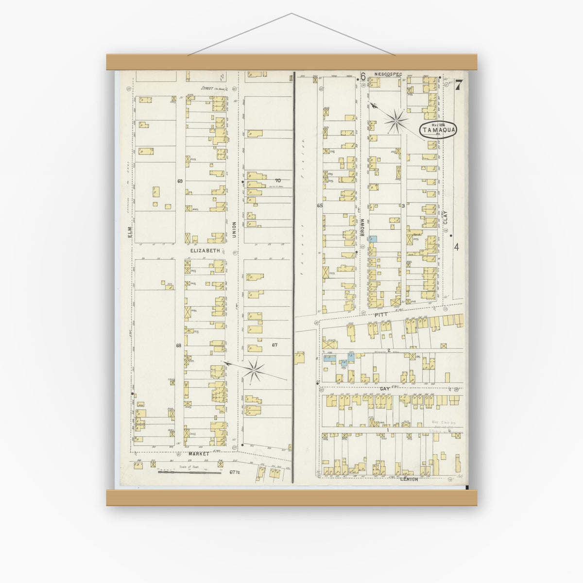Old map wall art mockup — magnetic wood frame on white wall — Sanborn Fire Insurance Map from Tamaqua, Schuylkill County, Pennsylvania (1896), Sheet #0007