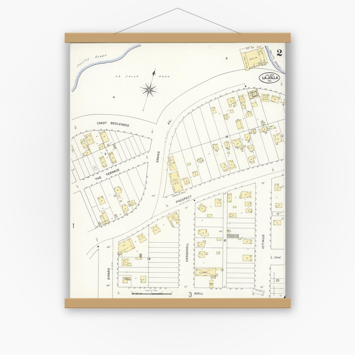 Old map wall art mockup — magnetic wood frame on white wall — Sanborn Fire Insurance Map from La Jolla, San Diego County, California (1909), Sheet #0002