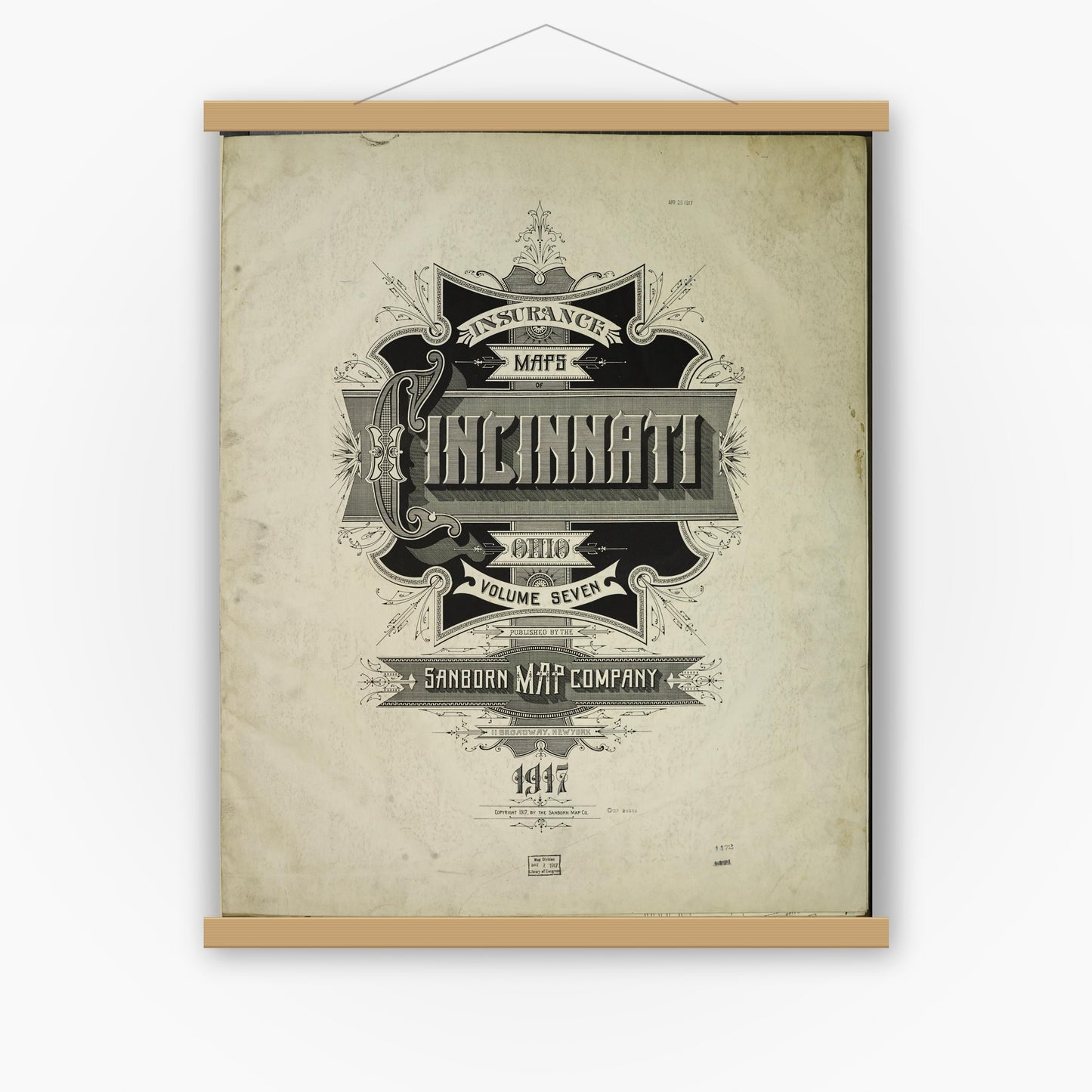 Old map wall art mockup — magnetic wood frame on white wall — Sanborn Fire Insurance Map from Cincinnati, Hamilton County, Ohio (1917), Sheet #0001