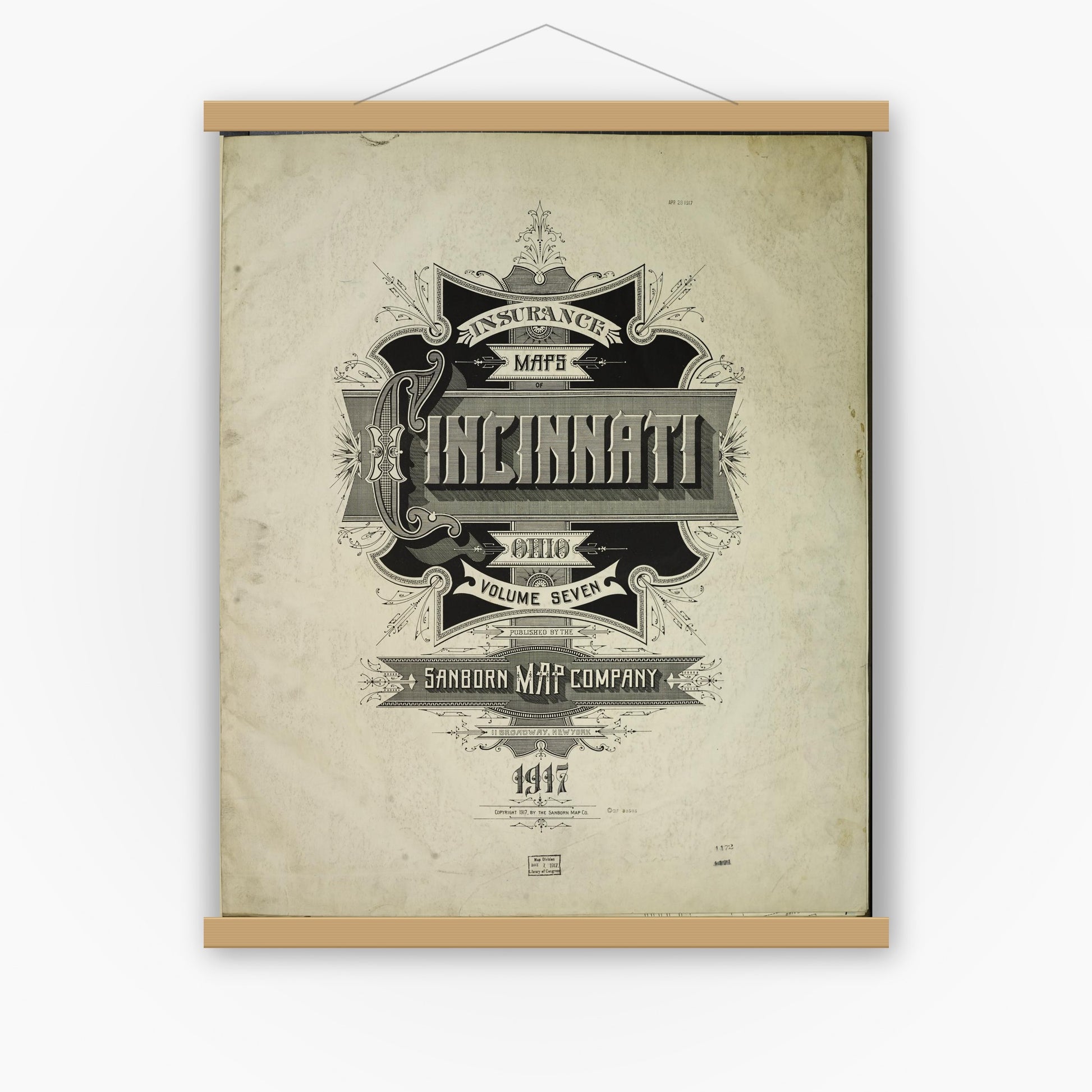 Old map wall art mockup — magnetic wood frame on white wall — Sanborn Fire Insurance Map from Cincinnati, Hamilton County, Ohio (1917), Sheet #0001