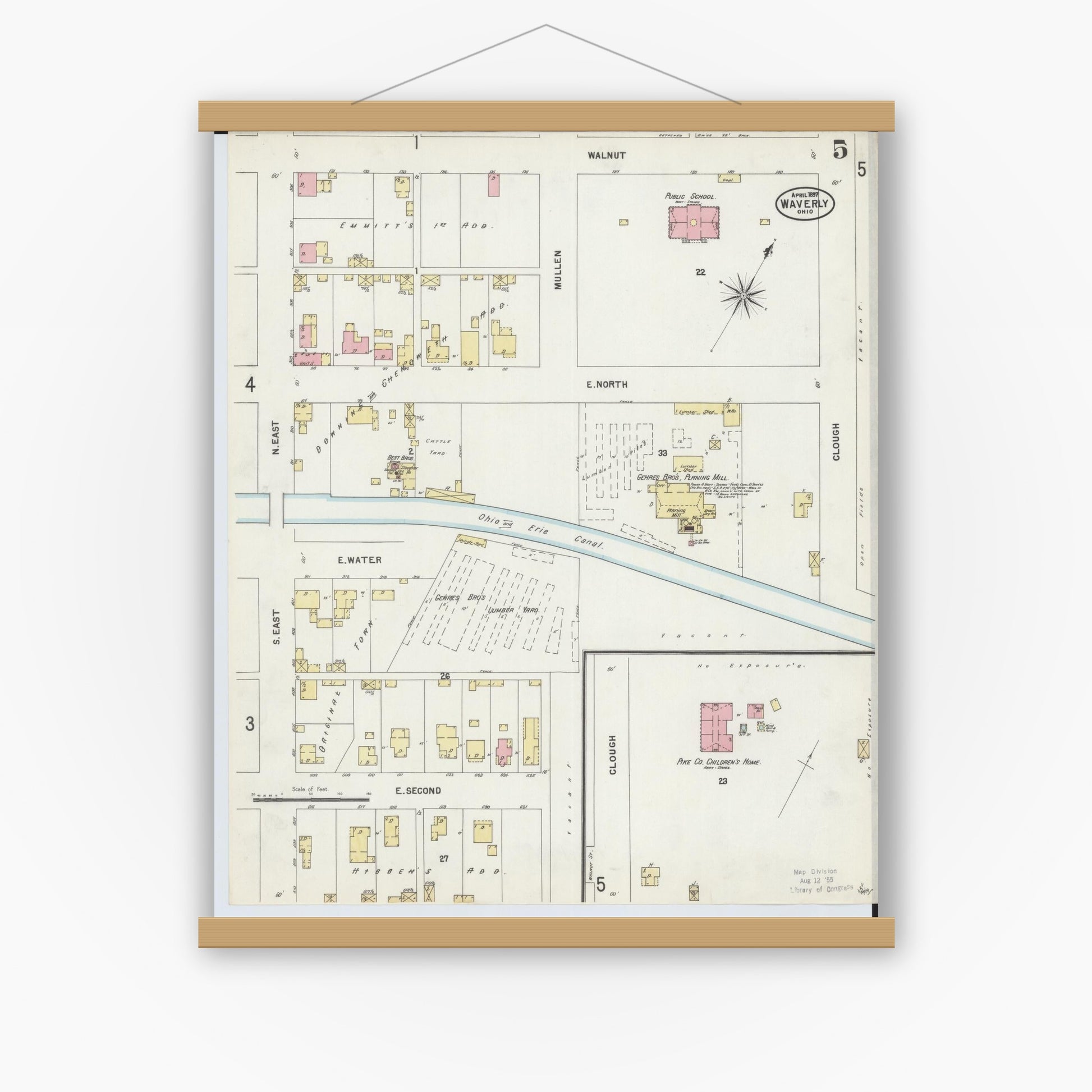 Old map wall art mockup — magnetic wood frame on white wall — Sanborn Fire Insurance Map from Waverly, Pike County, Ohio (1897), Sheet #0005