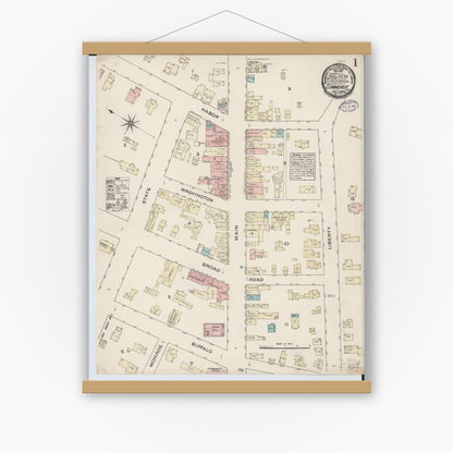 Old map wall art mockup — magnetic wood frame on white wall — Sanborn Fire Insurance Map from Conneaut, Ashtabula County, Ohio (1884) - Complete Map Set