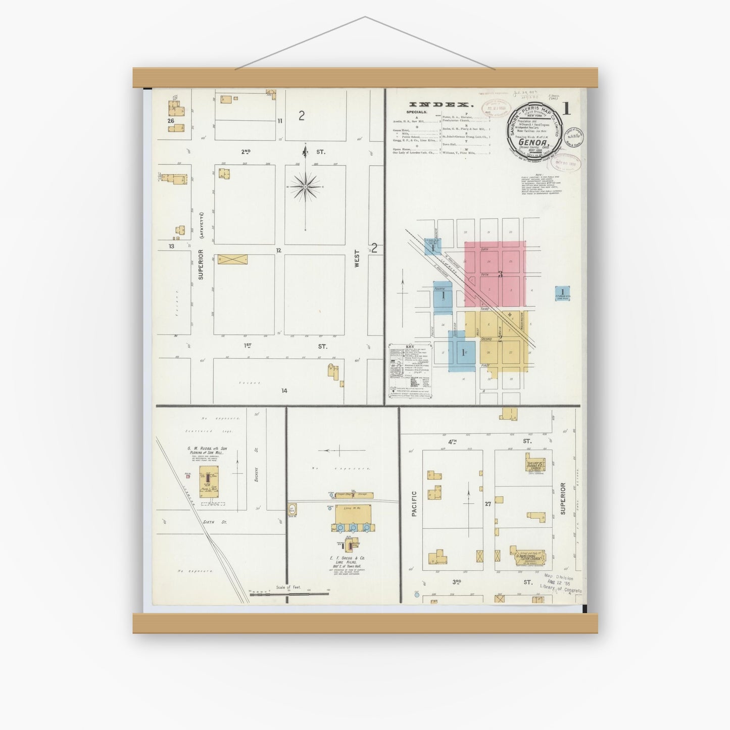 Old map wall art mockup — magnetic wood frame on white wall — Sanborn Fire Insurance Map from Genoa, Ottawa County, Ohio (1899), Sheet #0001