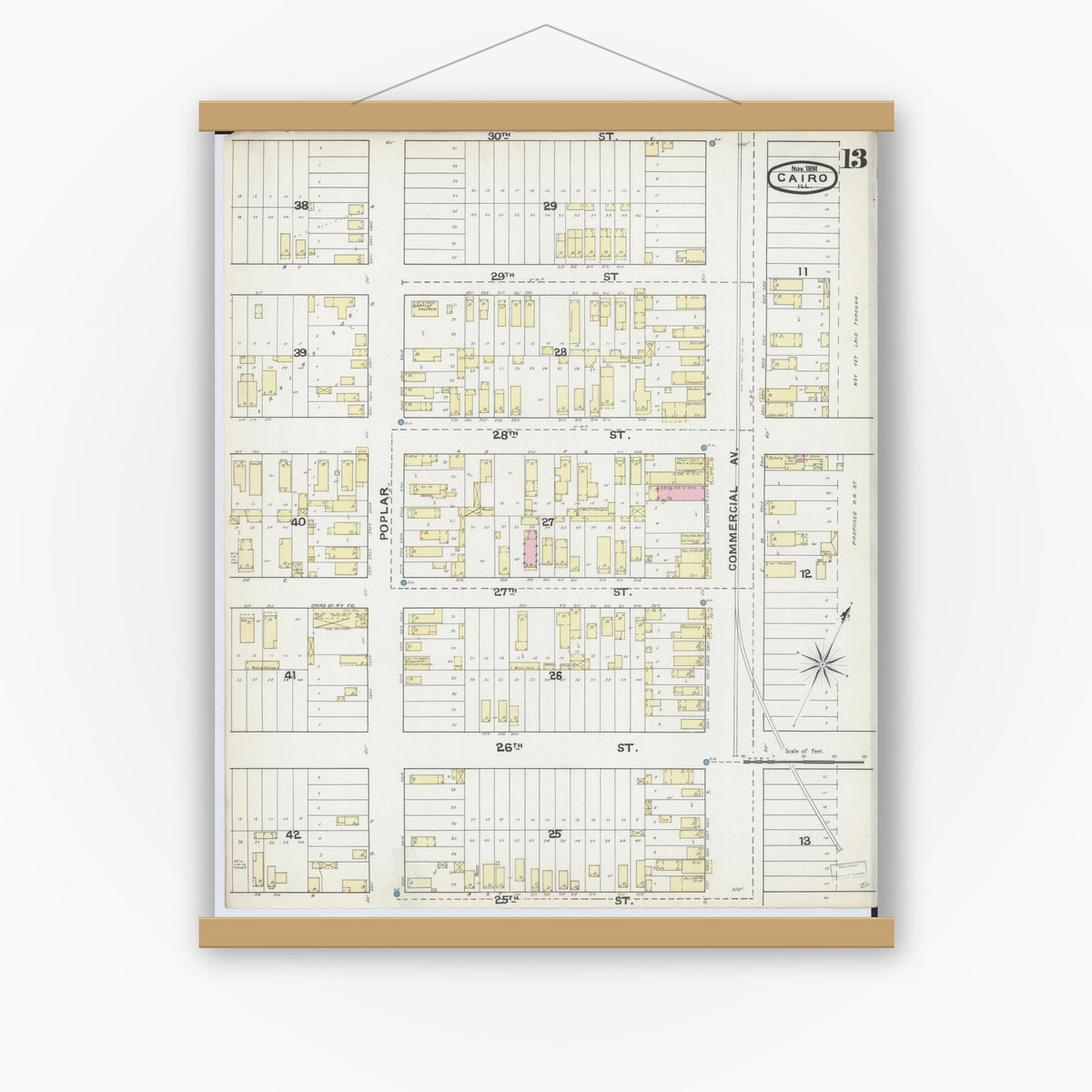Old map wall art mockup — magnetic wood frame on white wall — Sanborn Fire Insurance Map from Cairo, Alexander County, Illinois (1891), Sheet #0013