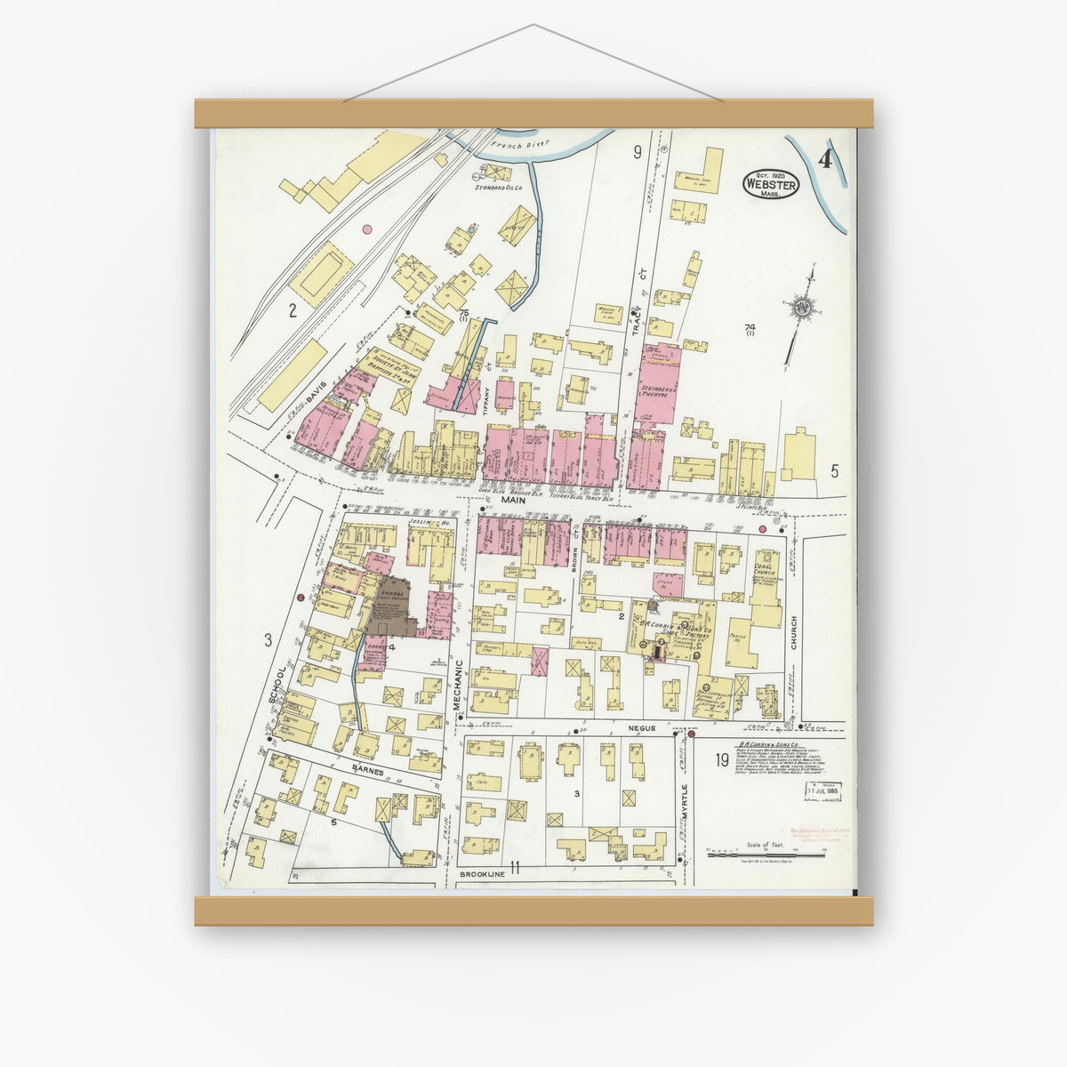 Old map wall art mockup — magnetic wood frame on white wall — Sanborn Fire Insurance Map from Webster, Worcester County, Massachusetts (1920), Sheet #0004