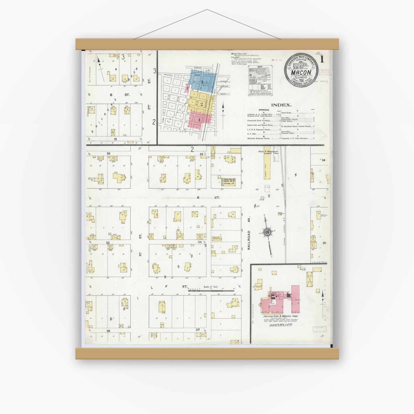 Old map wall art mockup — magnetic wood frame on white wall — Sanborn Fire Insurance Map from Macon, Macon County, Illinois (1910), Sheet #0001
