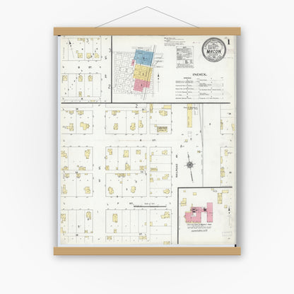 Old map wall art mockup — magnetic wood frame on white wall — Sanborn Fire Insurance Map from Macon, Macon County, Illinois (1910), Sheet #0001