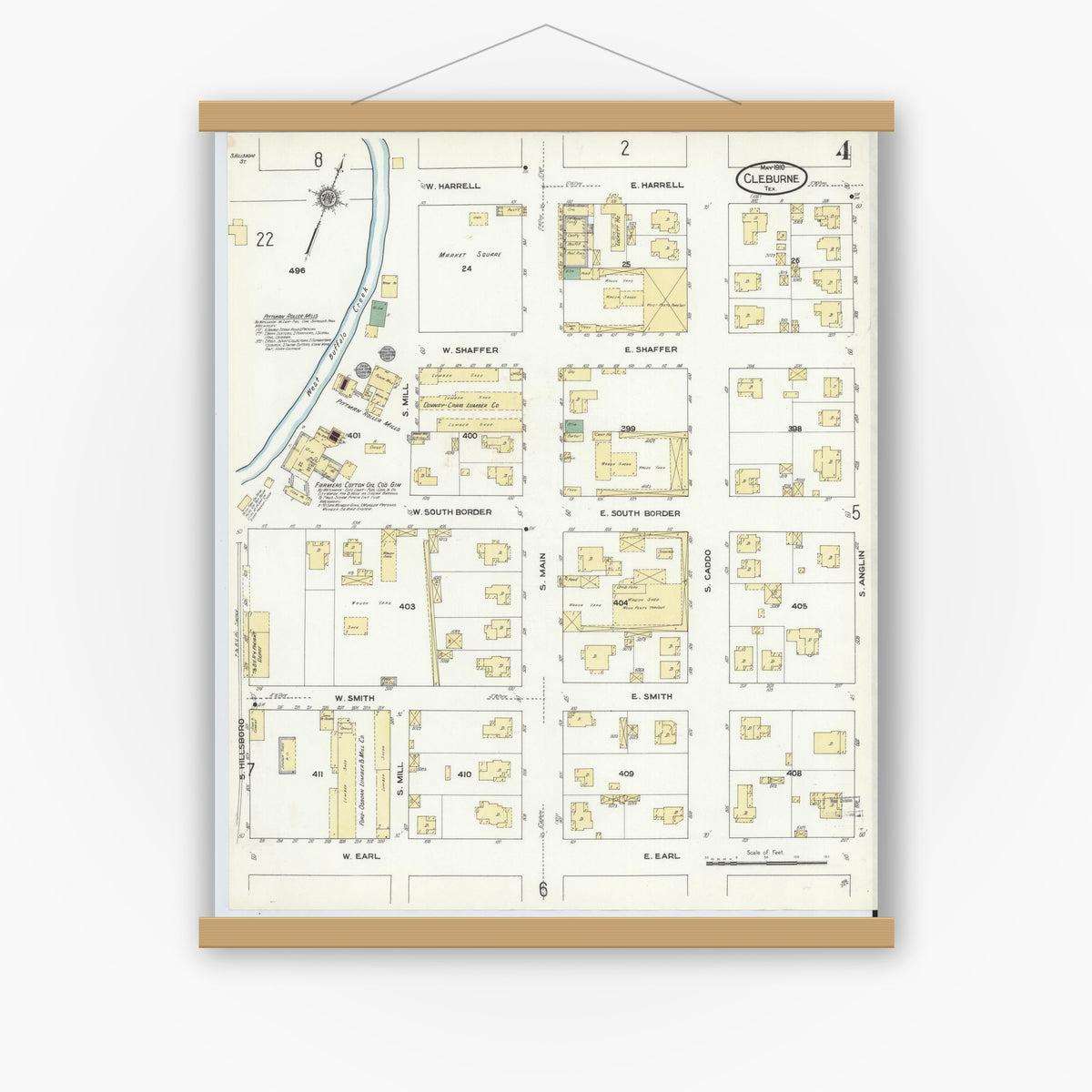 Old map wall art mockup — magnetic wood frame on white wall — Sanborn Fire Insurance Map from Cleburne, Johnson County, Texas (1910), Sheet #0004