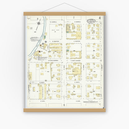 Old map wall art mockup — magnetic wood frame on white wall — Sanborn Fire Insurance Map from Cleburne, Johnson County, Texas (1910), Sheet #0004