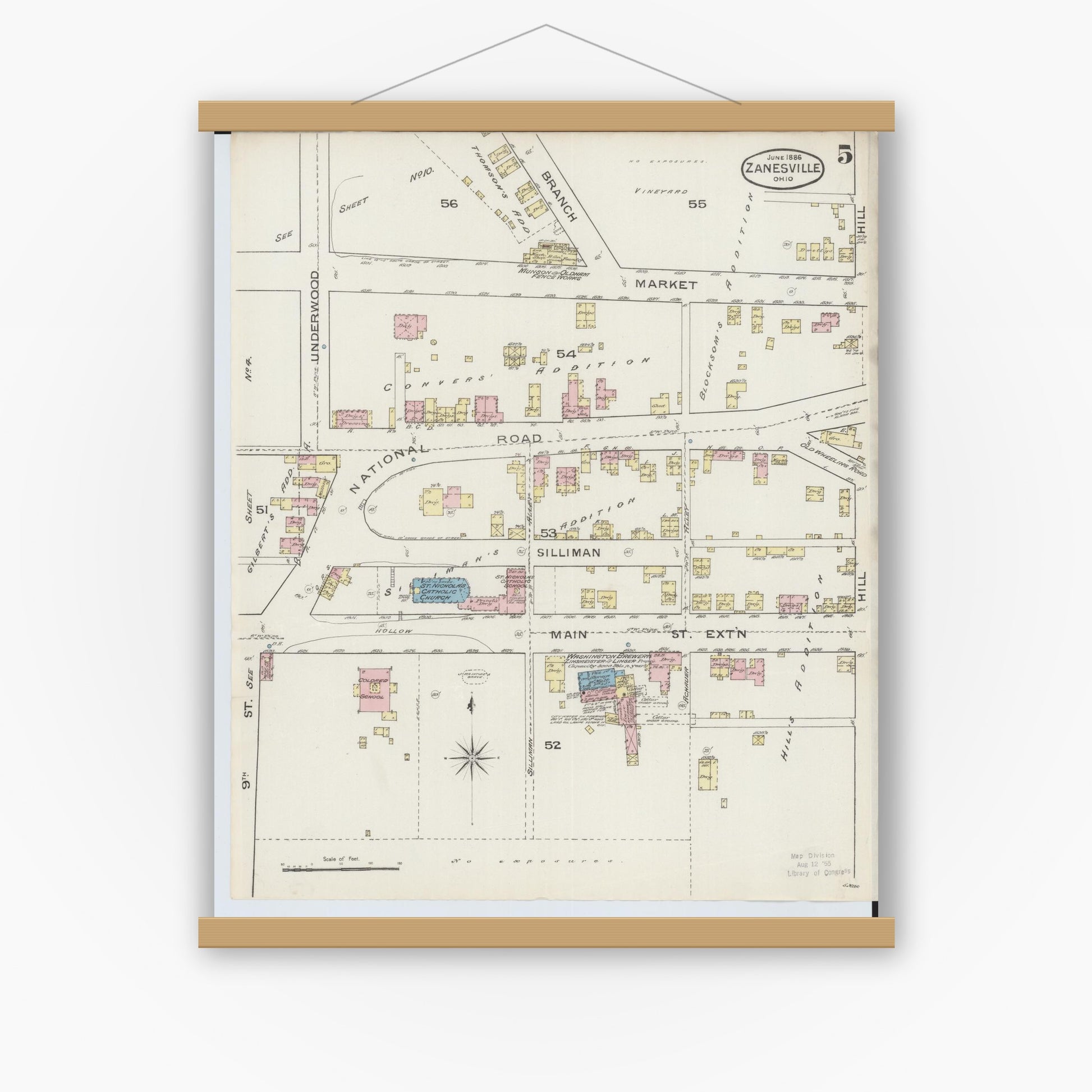 Old map wall art mockup — magnetic wood frame on white wall — Sanborn Fire Insurance Map from Zanesville, Muskingum County, Ohio (1886), Sheet #0005