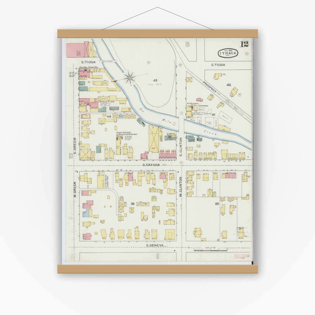 Old map wall art mockup — magnetic wood frame on white wall — Sanborn Fire Insurance Map from Ithaca, Tompkins County, New York (1893), Sheet #0012