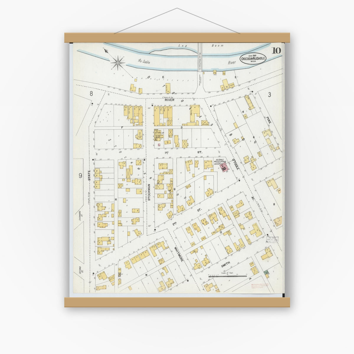 Old map wall art mockup — magnetic wood frame on white wall — Sanborn Fire Insurance Map from Oscoda, Iosco County, Michigan (1901), Sheet #0010