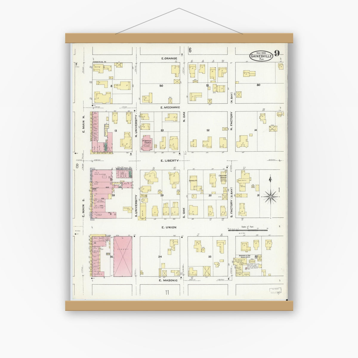 Old map wall art mockup — magnetic wood frame on white wall — Sanborn Fire Insurance Map from Gainesville, Alachua County, Florida (1909), Sheet #0009