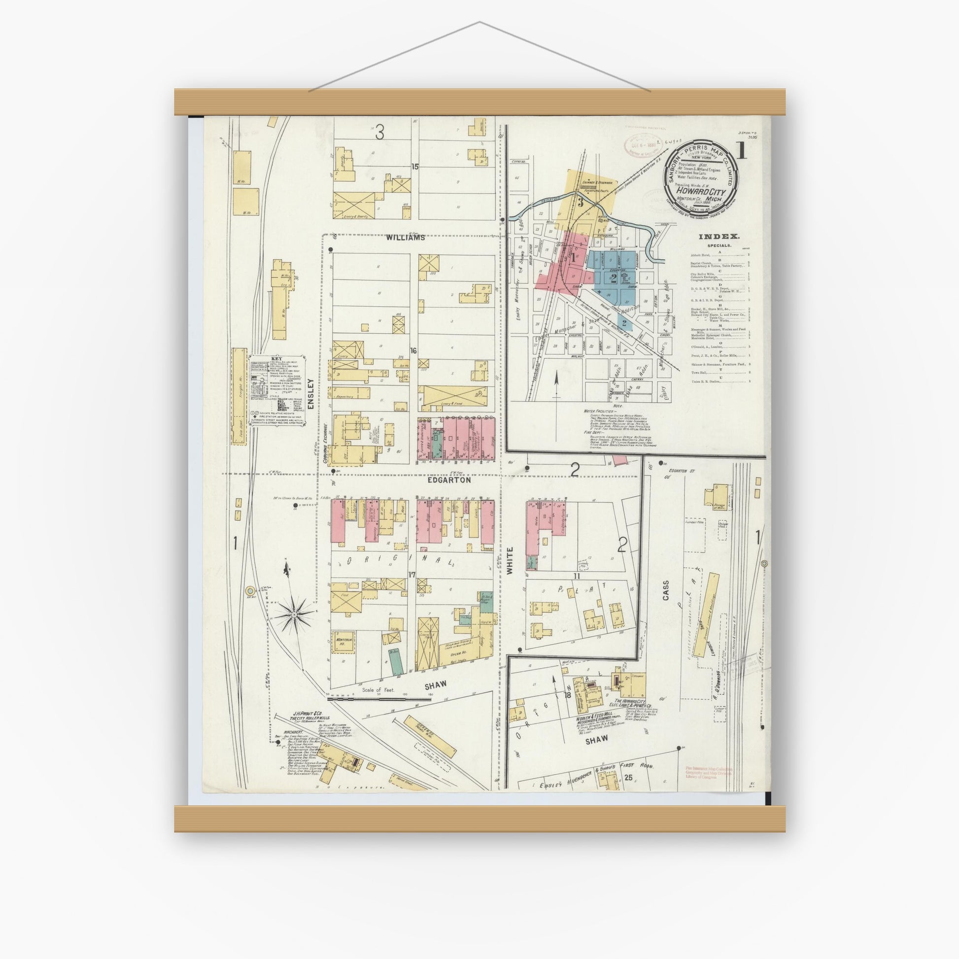 Old map wall art mockup — magnetic wood frame on white wall — Sanborn Fire Insurance Map from Howard City, Montcalm County, Michigan (1899) - Complete Map Set