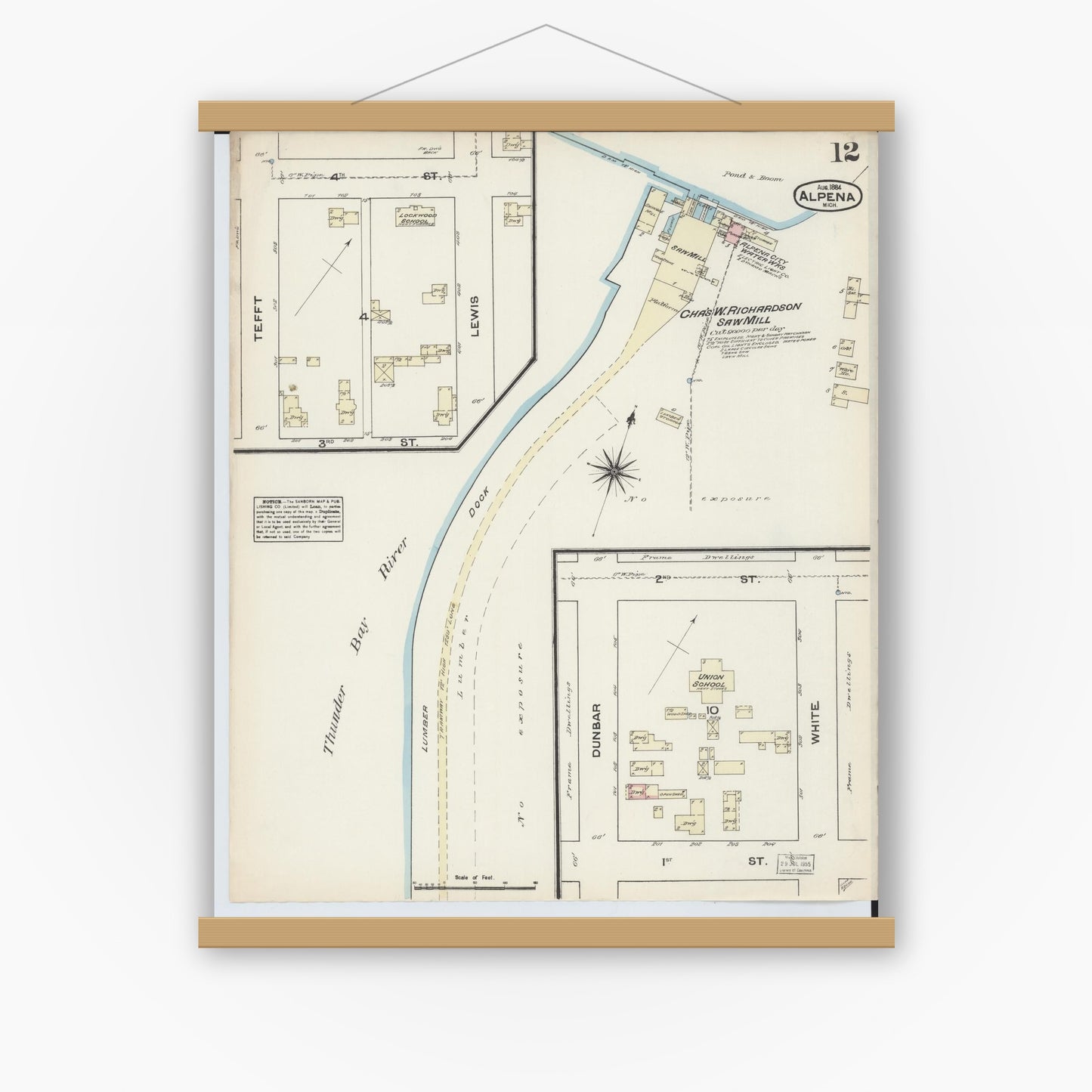 Old map wall art mockup — magnetic wood frame on white wall — Sanborn Fire Insurance Map from Alpena, Alpena County, Michigan (1884), Sheet #0012