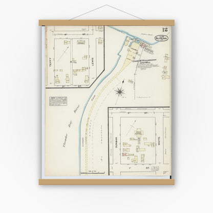 Old map wall art mockup — magnetic wood frame on white wall — Sanborn Fire Insurance Map from Alpena, Alpena County, Michigan (1884), Sheet #0012