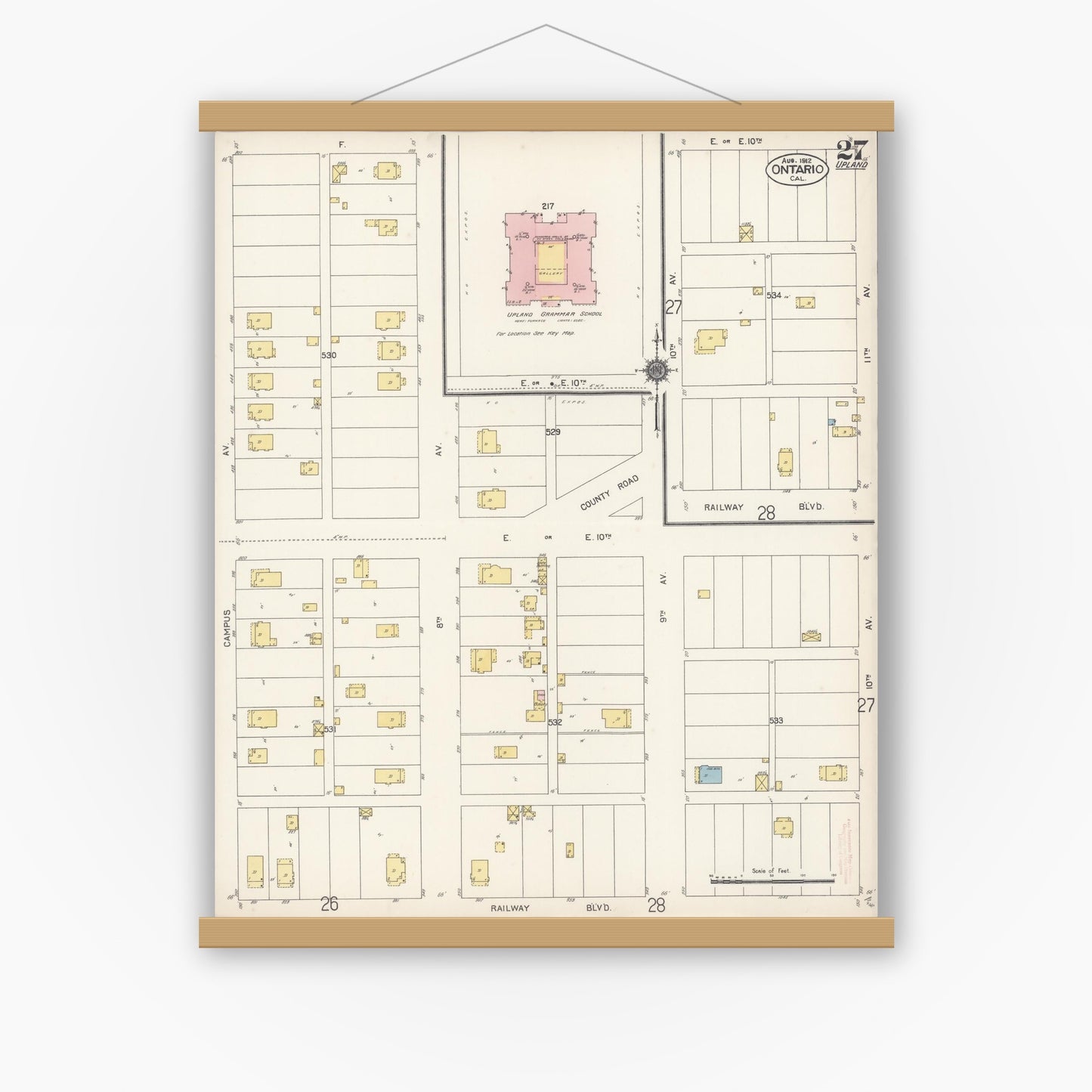 Old map wall art mockup — magnetic wood frame on white wall — Sanborn Fire Insurance Map from Ontario, San Bernardino County, California (1912), Sheet #0027