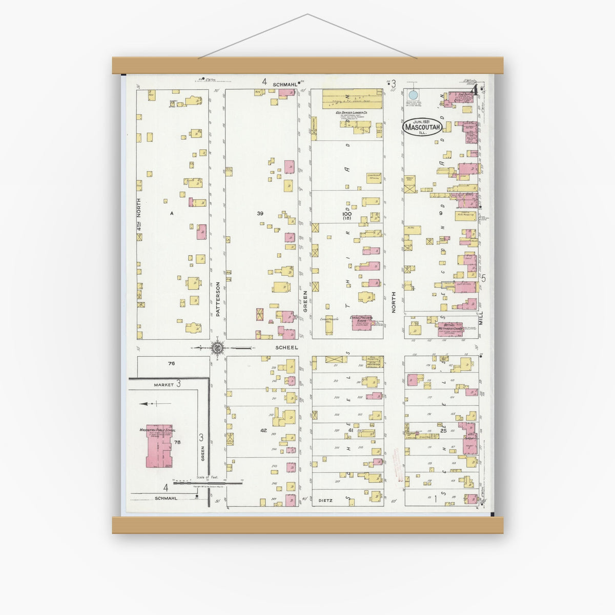 Old map wall art mockup — magnetic wood frame on white wall — Sanborn Fire Insurance Map from Mascoutah, Saint Clair County, Illinois (1921), Sheet #0004
