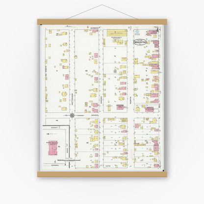 Old map wall art mockup — magnetic wood frame on white wall — Sanborn Fire Insurance Map from Mascoutah, Saint Clair County, Illinois (1921), Sheet #0004