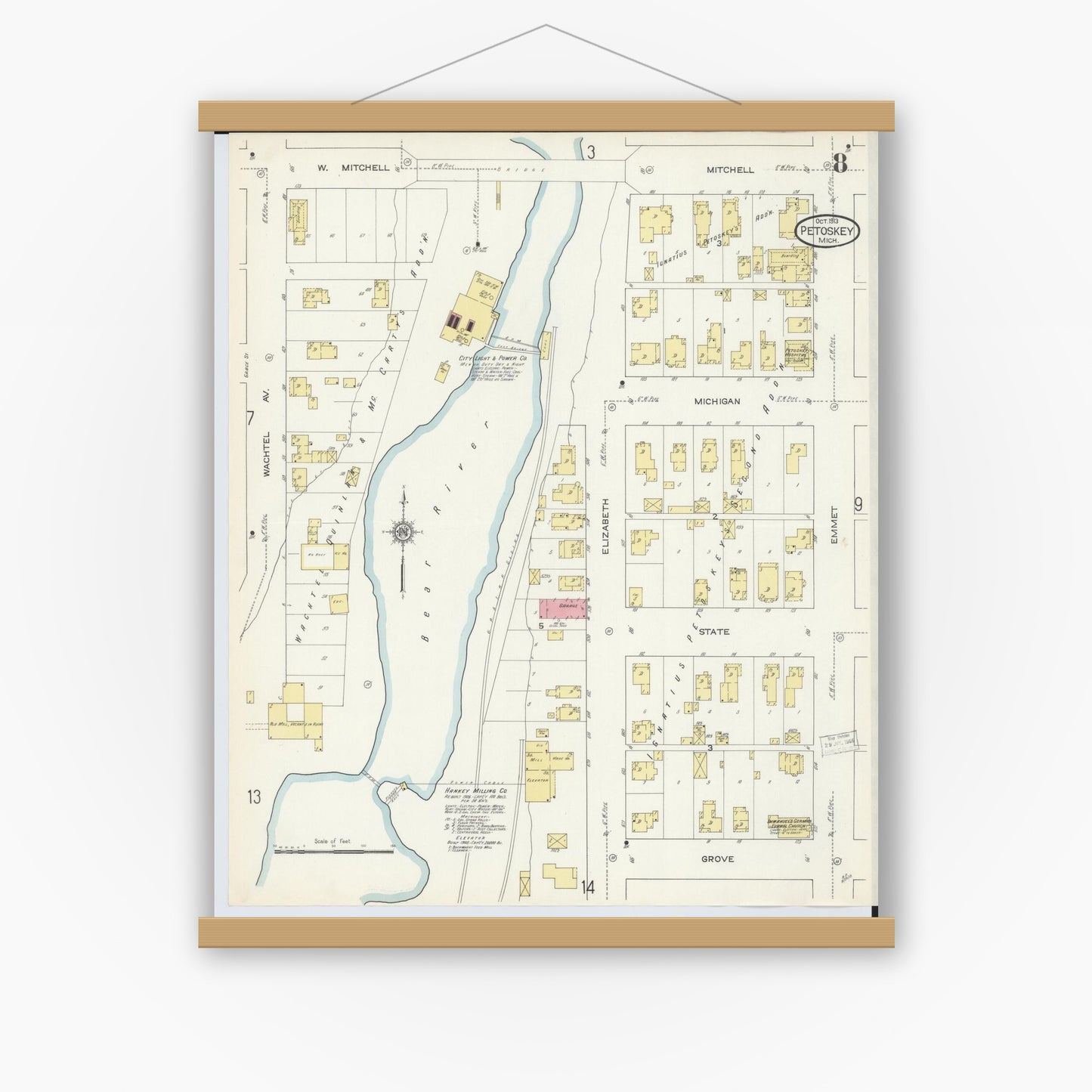 Old map wall art mockup — magnetic wood frame on white wall — Sanborn Fire Insurance Map from Petoskey, Emmet County, Michigan (1913), Sheet #0008