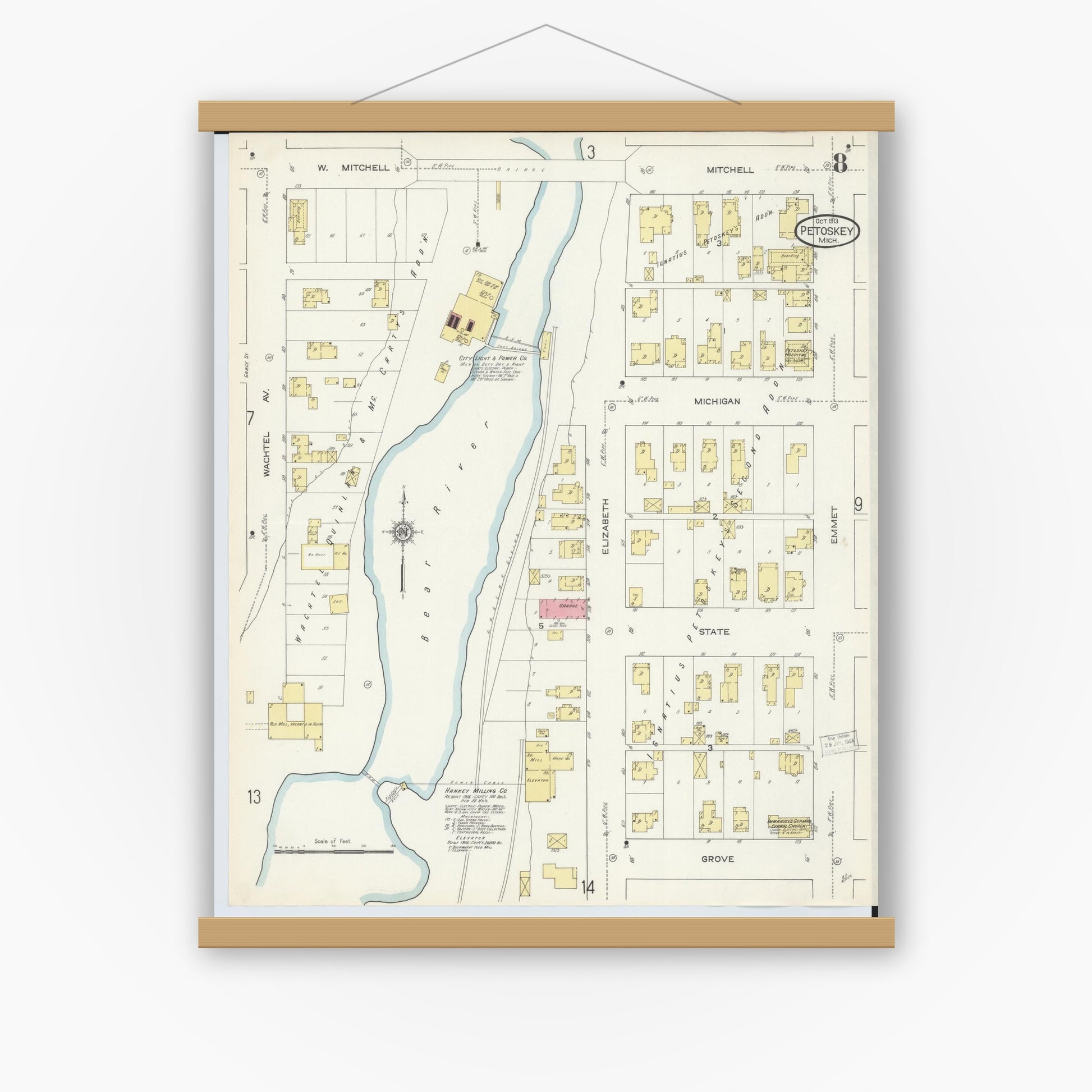 Old map wall art mockup — magnetic wood frame on white wall — Sanborn Fire Insurance Map from Petoskey, Emmet County, Michigan (1913), Sheet #0008